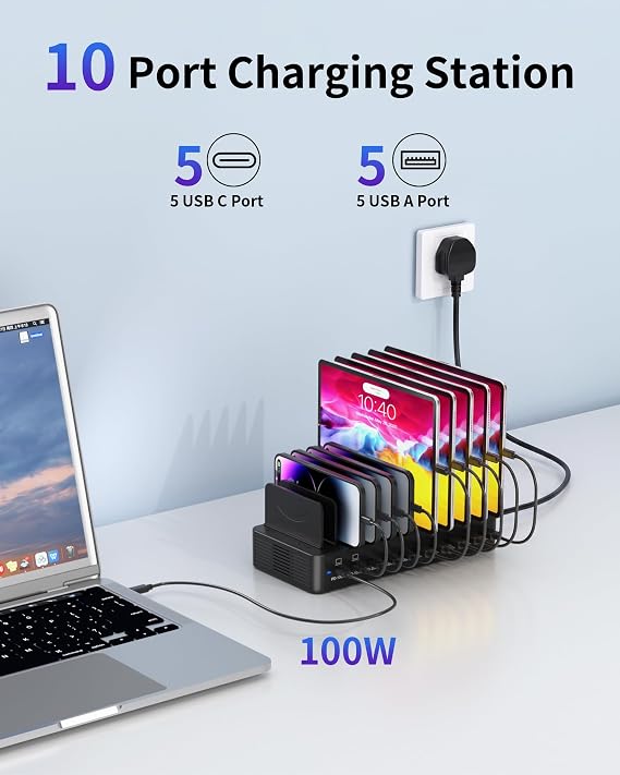 415W USB Charging Station for Multiple Devices,10 Ports Fast Multi USB Charger with Dual PD 100W,Multi Charger with Adjustable Dividers & 6 Cables-Device Organizer for Laptop,Tablet,iWatch,Cell Phone
