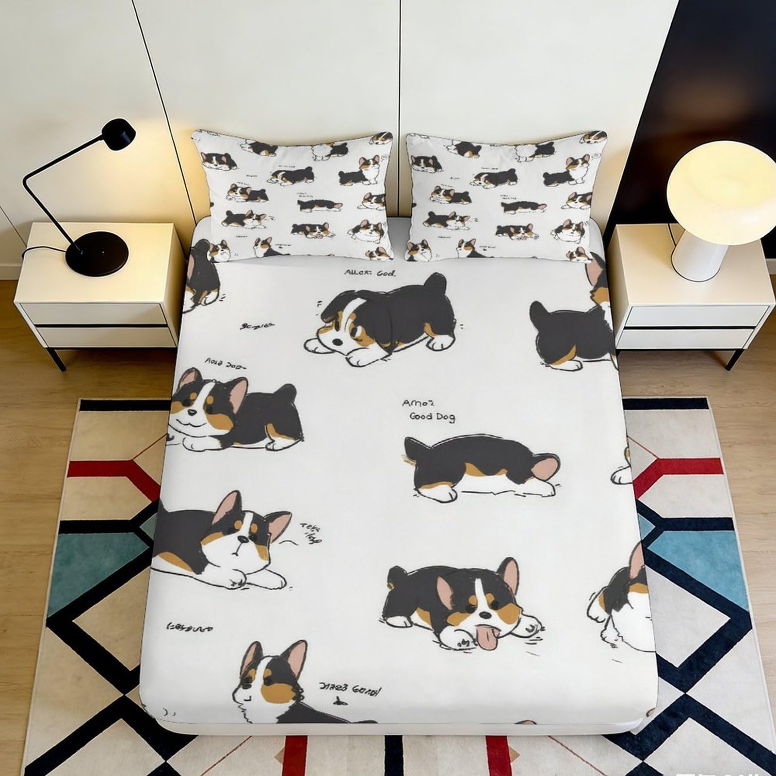 3D Printed Cute Corgi Fitted Sheet Microfiber Soft Breathable Cartoon Dog Bed Sheet for Bedroom Dormitory Guest Room Mattress Protection Decor 160x200x25cm