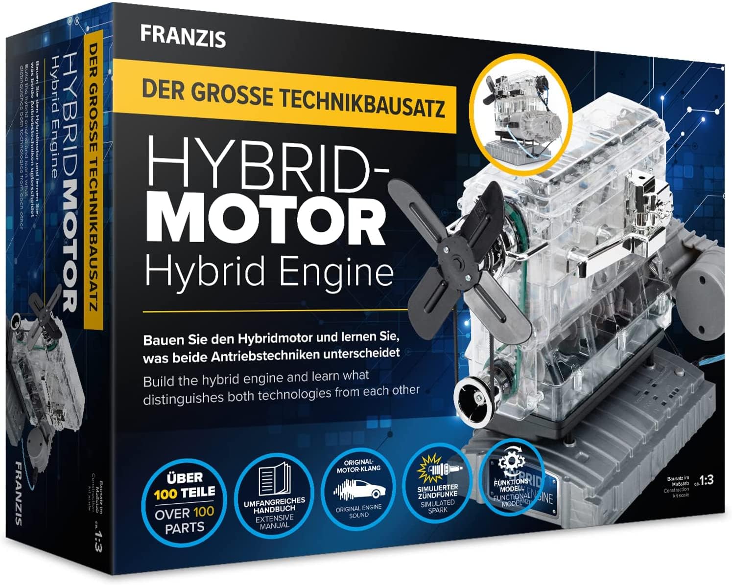 Franzis 67157-Der große Technikbausatz Hybridmotor, originalgetreuer Motorbausatz im Maßstab 1:3, inkl. Soundmodul und 86-seitigem Begleitbuch, Transparent, Mehrfarbig