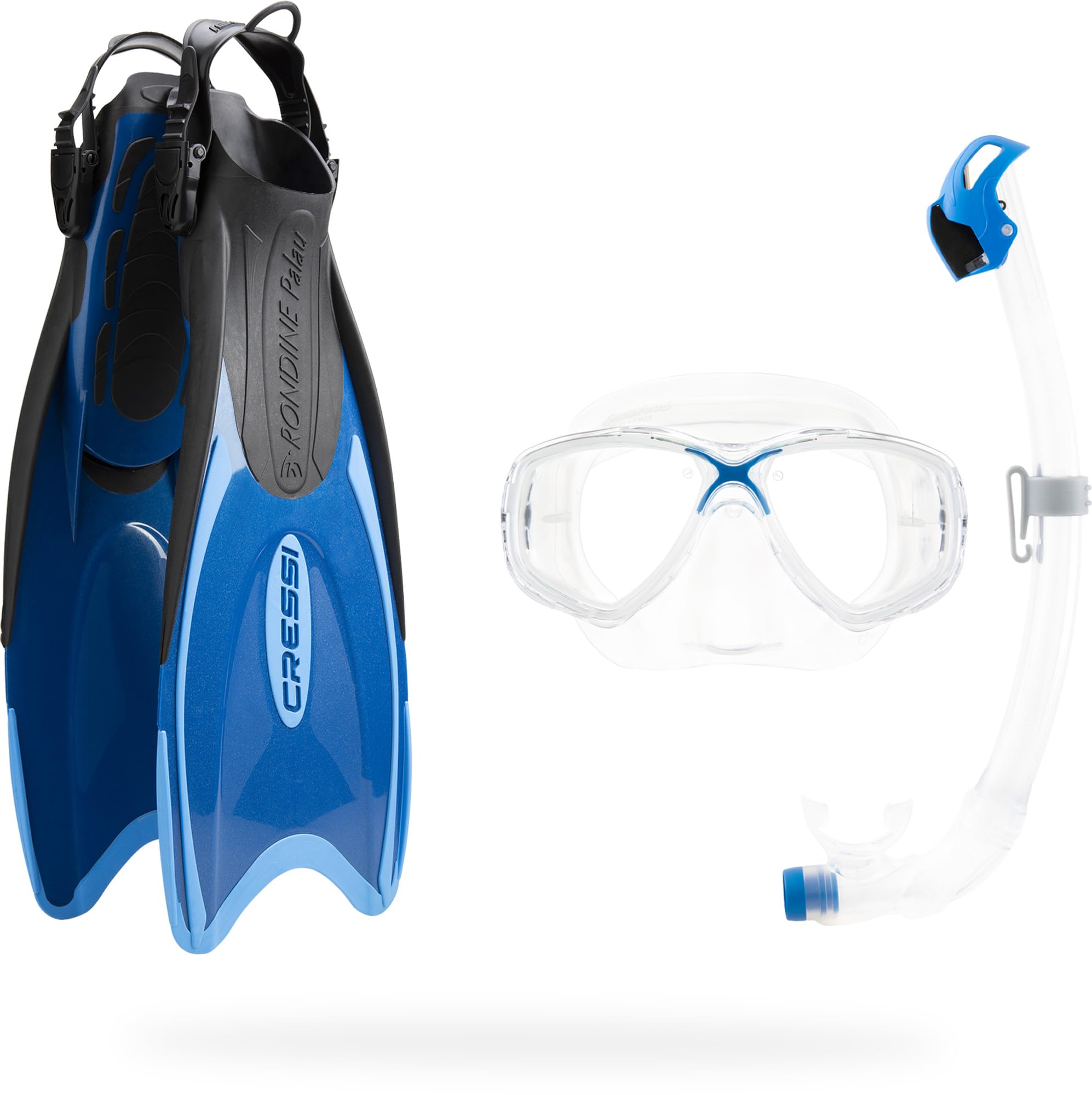 Cressi since 1946 Palau Marea Dry Bag Adult Snorkelling Set including Adjustable Palau Fins, Marea Mask, Seal Dry Snorkel and Carry Bag, Unisex, Blue/Azure, M/L