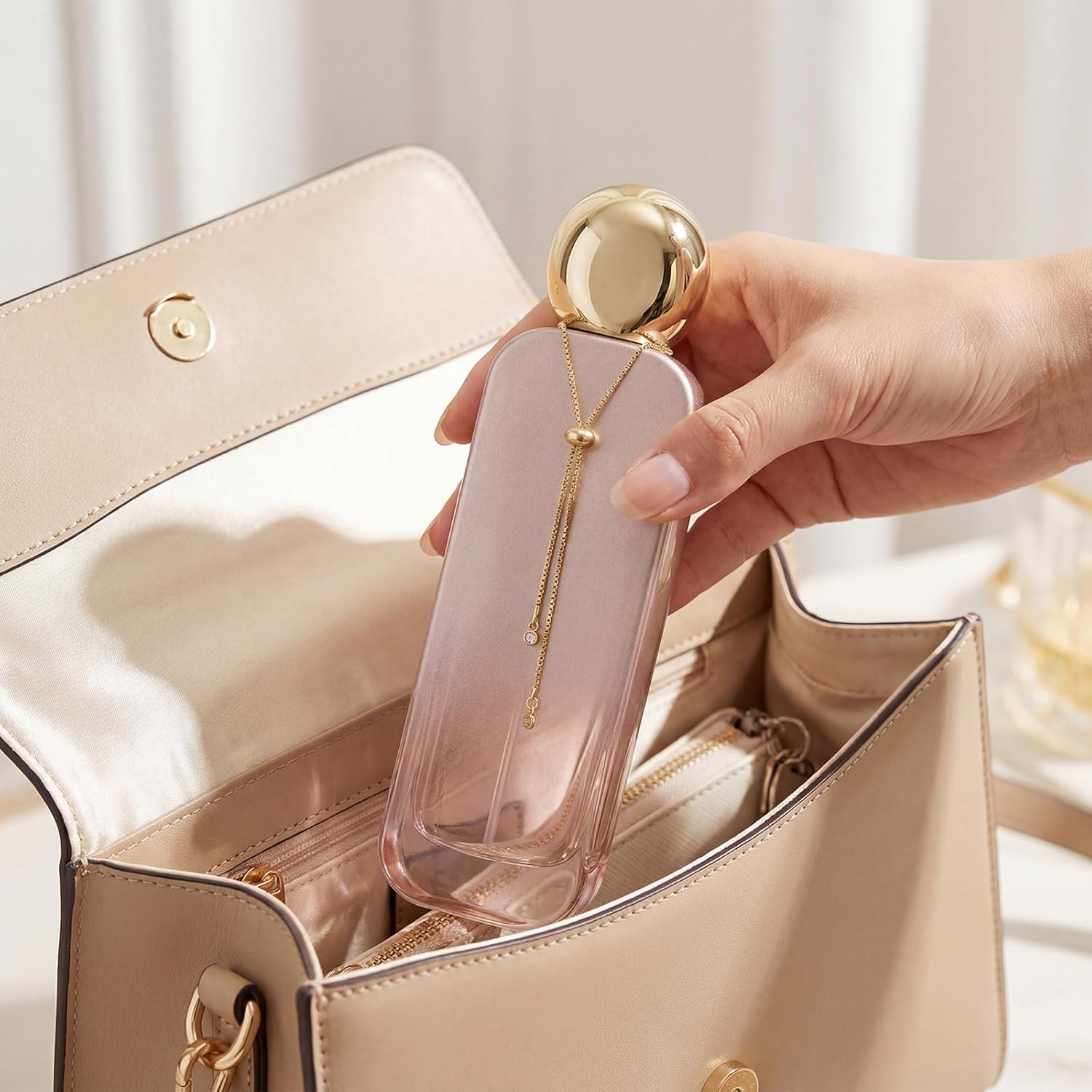 4 Pcs 4oz Luxury Glass Bottles with Pump Glass Bottle with Gold Chain Spray Bottle Travel Vial with 2 Plastic Pump Head 2 Spray Head for Oil Water(Champagne Pink)