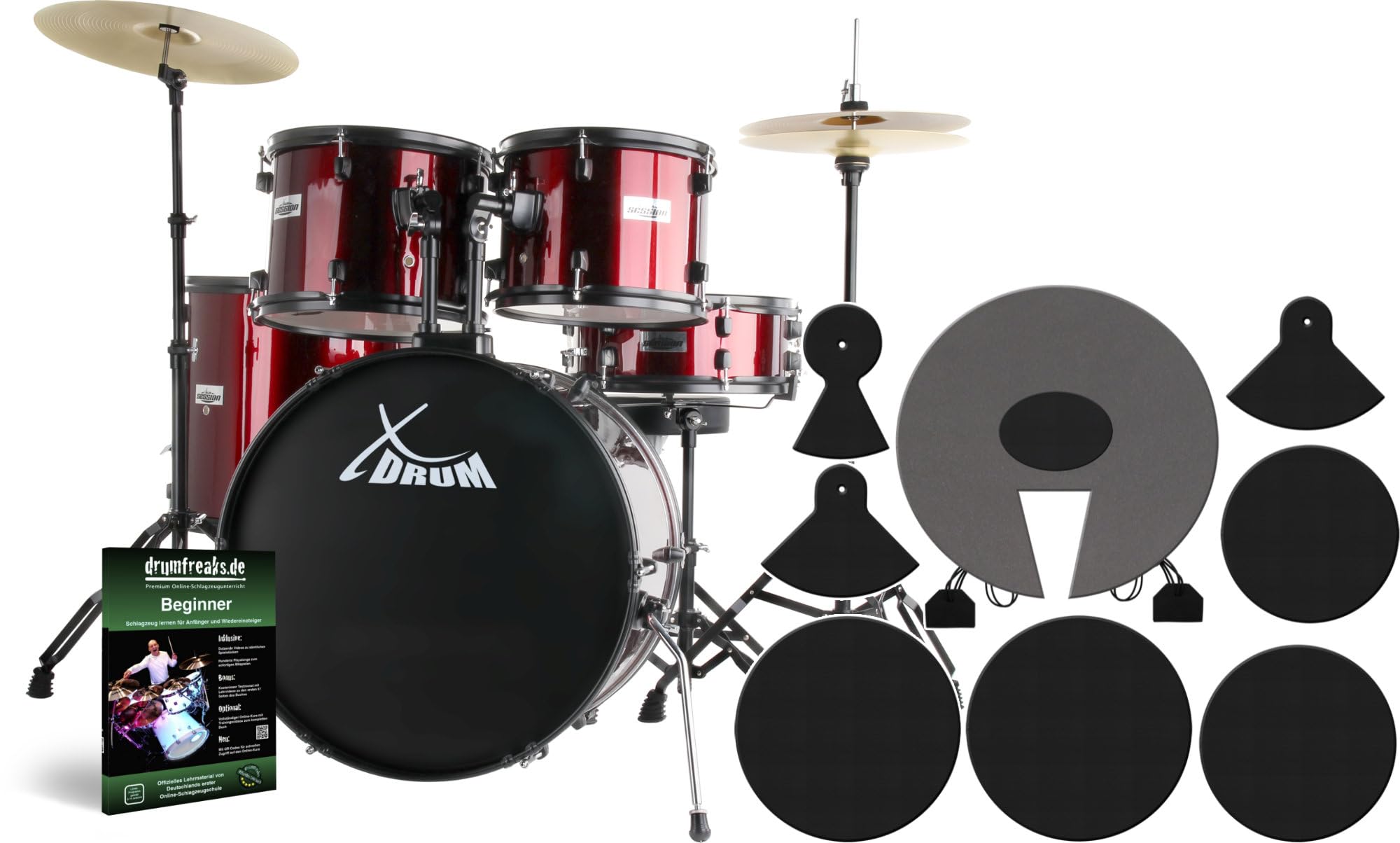 XDrum Rookie Schlagzeug Set Drumset Rot (22" BD, 12", 13", 16" TT, 14" SD, Übungsbecken bestehend aus einem Satz Hi-Hat-Becken 14" und 1 Crash-Ride-Becken 16", inkl. Schule und Schlagzeugdämpferset)