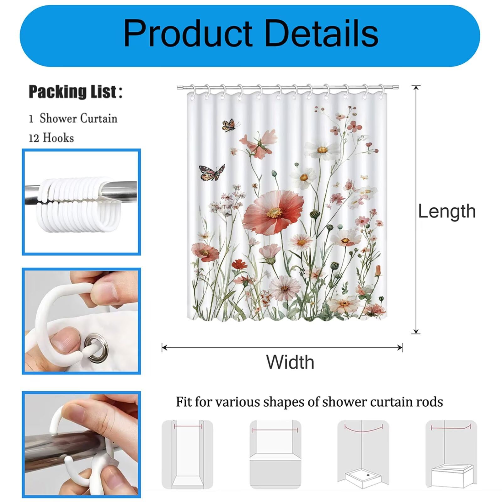 Rideau Douche Blanc Rideau de Douche Anti Moisissure Imperméable Tissu Polyester Shower Curtain avec Ourlet Inférieur Lesté, 12 Crochets Lavable Shower Curtain pour Décor 220 x 200 cm Plantes 3Y#177