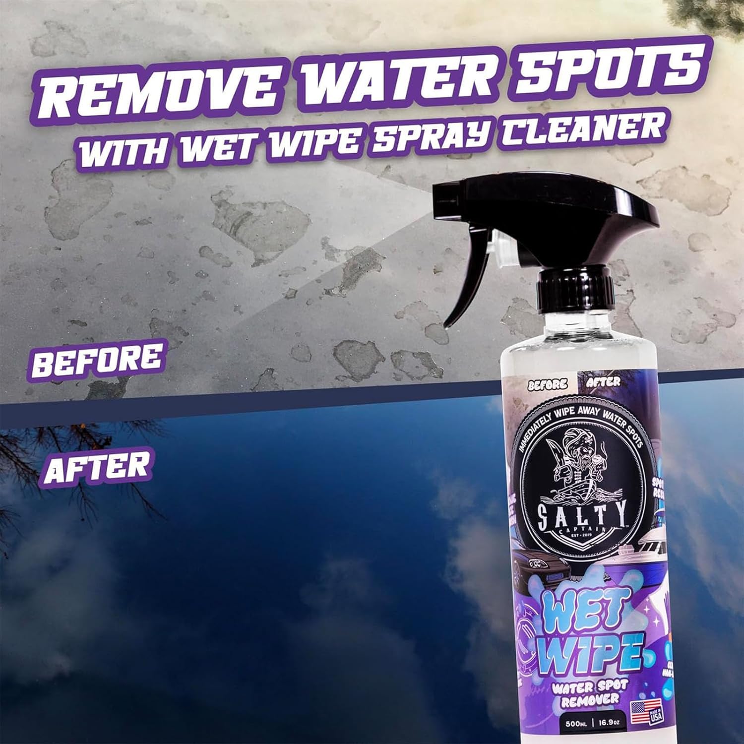 Salty Captain Boat & Car Detailing Kit - (4 Piece) Water Spot Remover, Spray Wax Polish, Leather & Vinyl Cleaner & UV Protection for Vinyl Seats