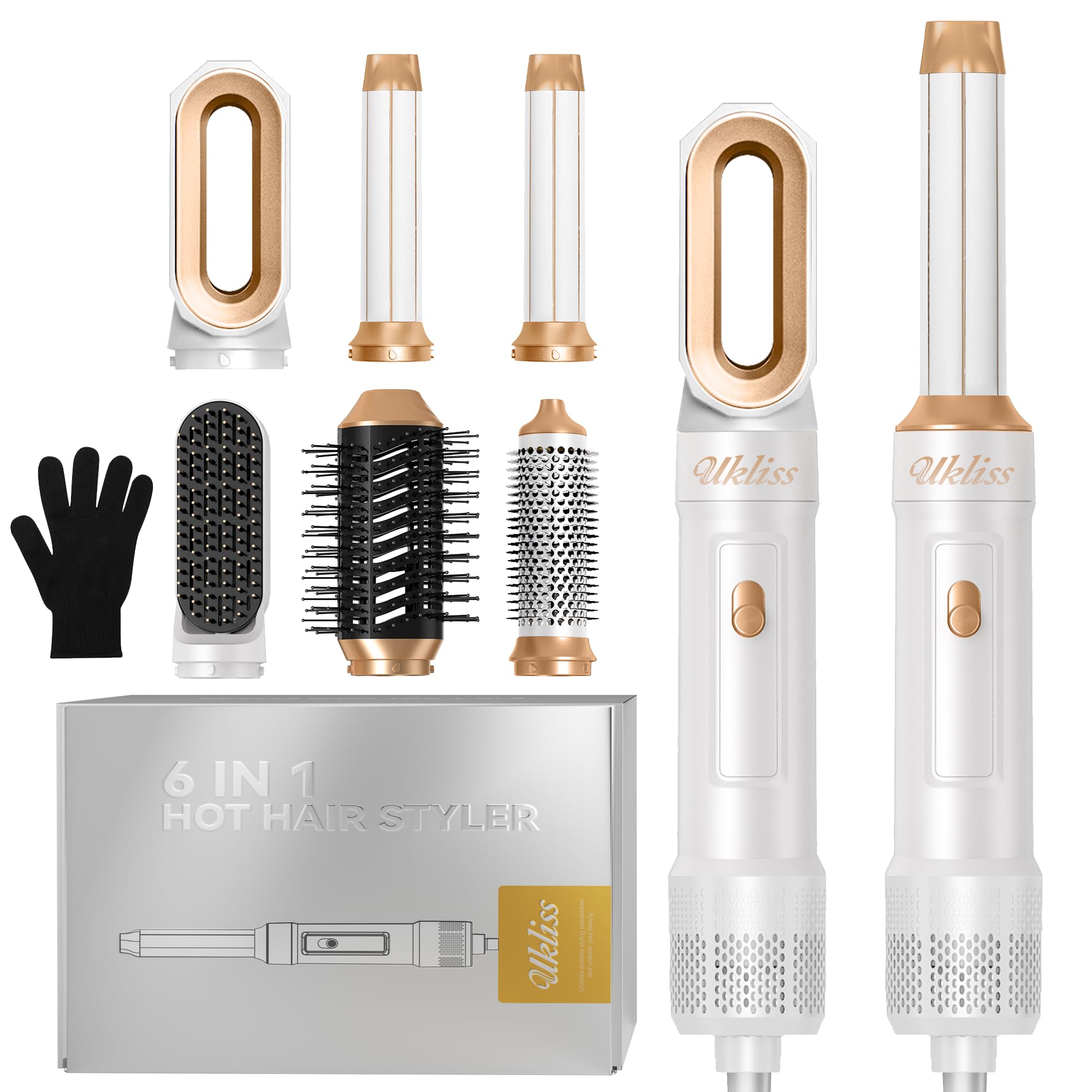 UKLISS Hairstyler 6 in 1, Haarstyler | Hair Styler Set mit 1000W Haartrockner, Warmluftbürste, Lockenbürste, Thermal Brush, Rundbürstenföhn, Airbrush Airstyler, Hair Dryer, Stylingbürsten - Weiß