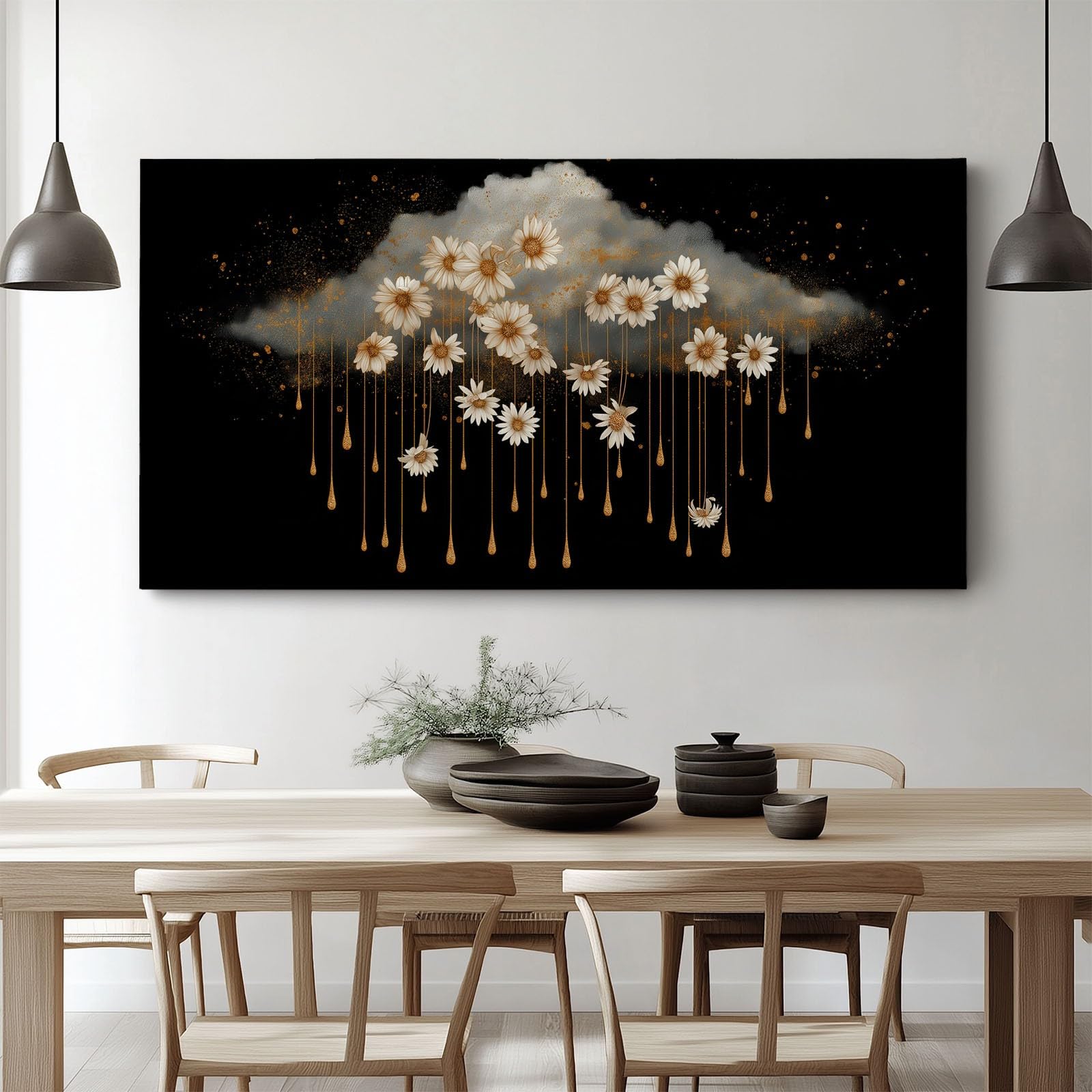 Tableau Décoration Murale Fantaisie - Impression sur Toile avec Châssis en Bois - Nuages Plantes Floral Marguerites Design Élégant pour Salon, Chambre, Bureau - Prêt à Accrocher - 90 x 60 cm