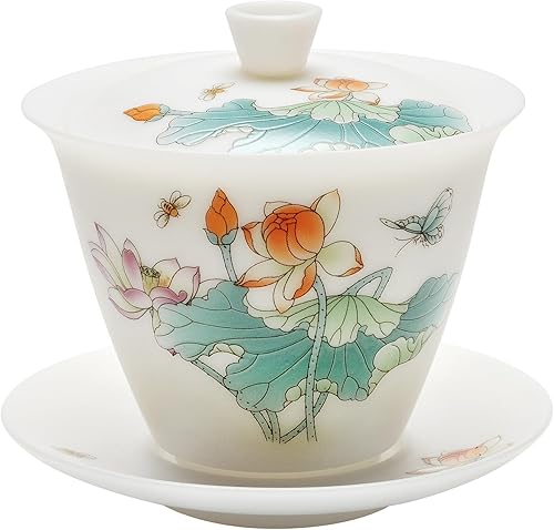 Juego de porcelana blanca de jade hielo Gaiwan, delgadosin esmaltartranslúcidocalcomanía China Gongfu Tea Cup Set -QinLian