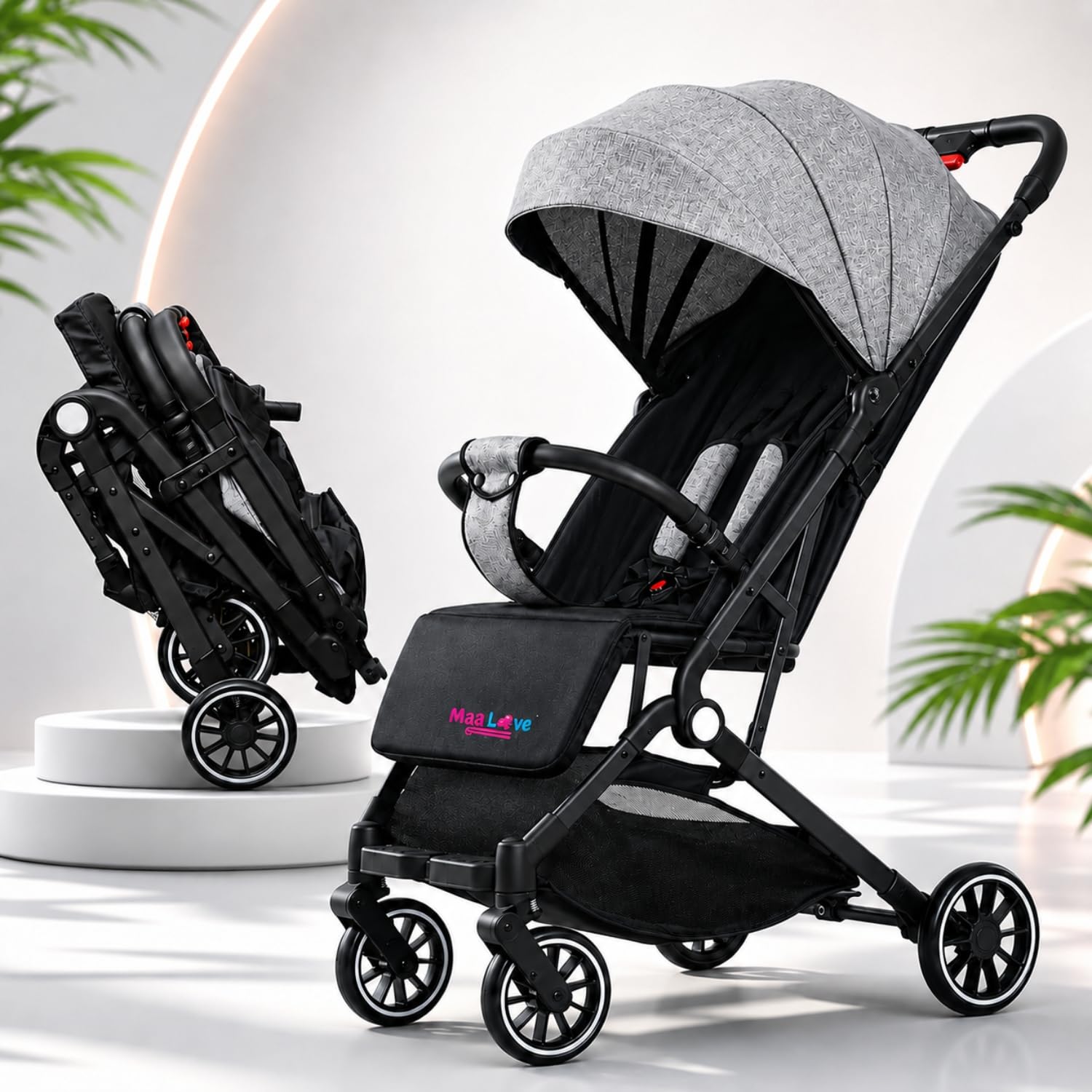 MaaLove Baby Stroller/Pram with Adjustable Recline, Sun Canopy, Storage Basket & Safety Harness – Lightweight & Foldable Travel Pram for Infants & Toddlers Stroller (Black&Grey)-image-46