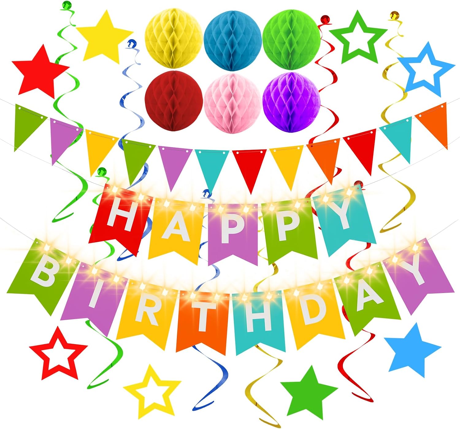 Birthday Decorations,Rainbow Happy Birthday Banner with Fairy lights,Pennant Banner,Honeycomb Balls and Star Hanging Swirls Streamer Happy Birthday Party Decorations for Women Men Boys Girls