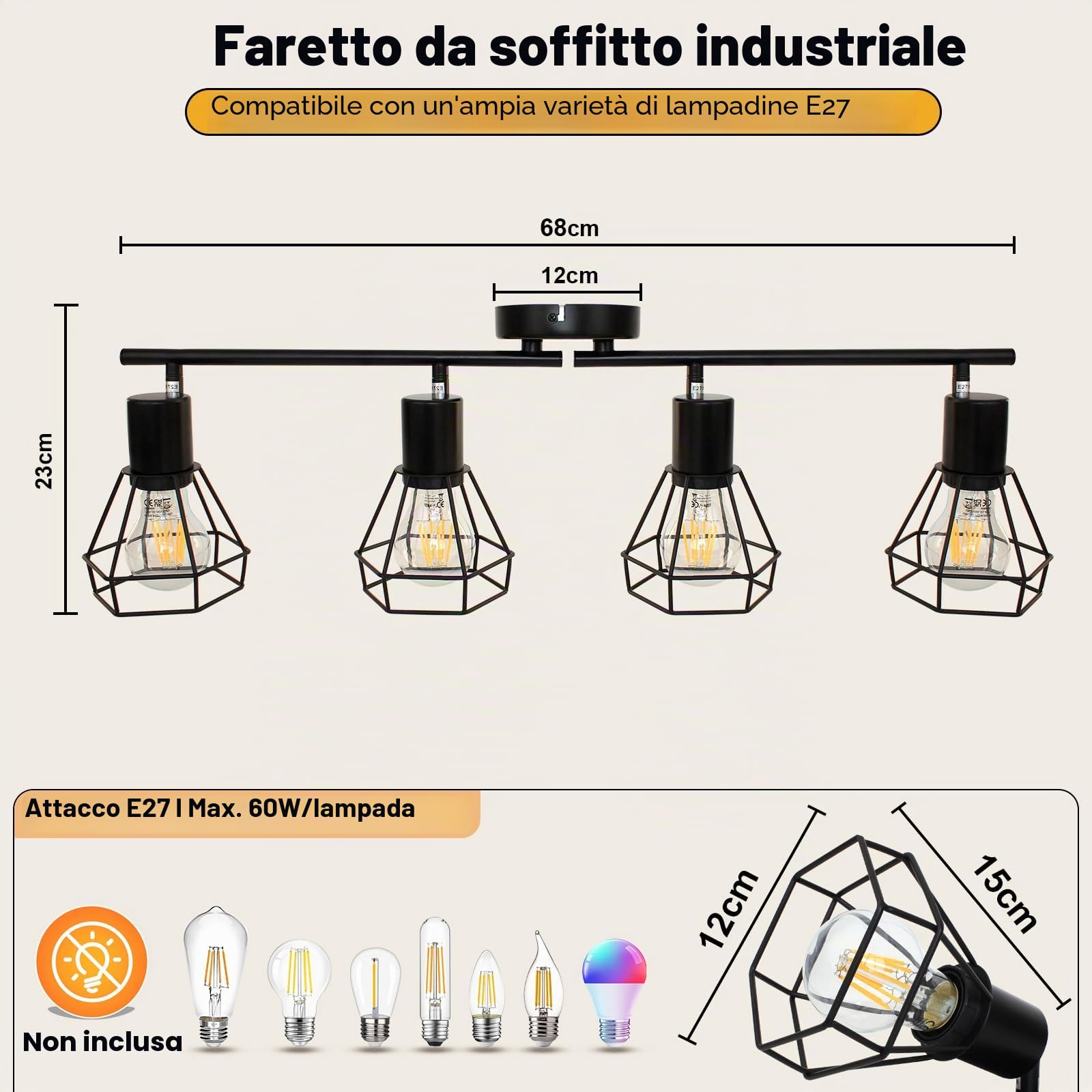 Plafoniera Faretti, 4 faretti da soffitto a Led Interni Base E27, plafoniera girevole a 350° LED, plafoniera, lampada da soffitto per camera da letto, corridoio, max 60 W (senza lampadina)
