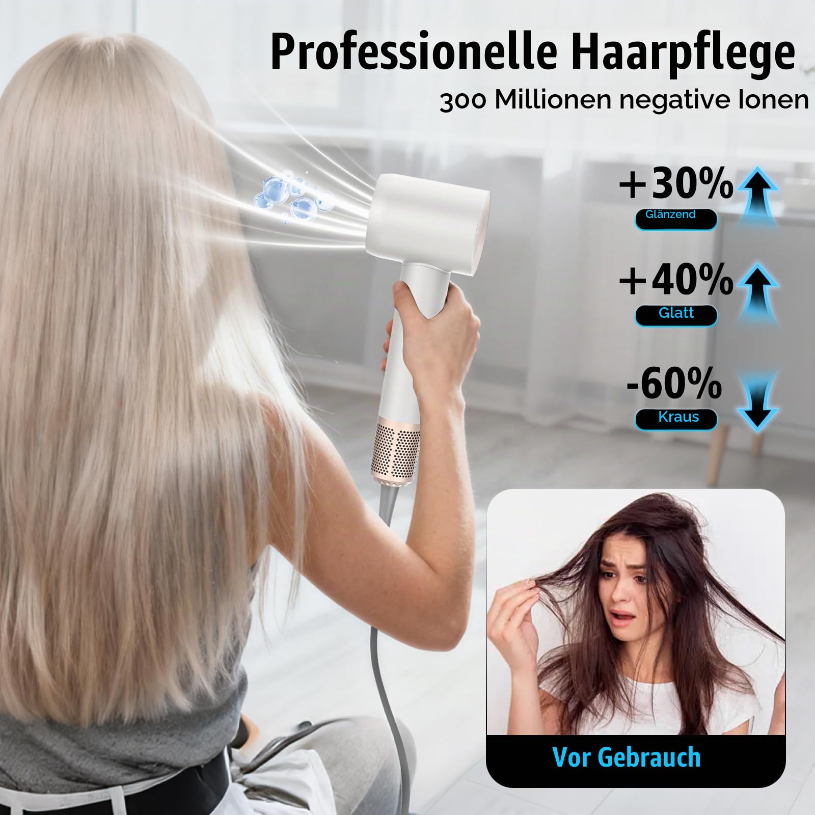 Föhn mit Diffusor, 160.000 U/min Ionen Haartrockner, 59 dB leiser Haarföhn, 4 Temperaturen & 2 Geschwindigkeiten, schnelltrocknend für Locken & Alltag, Weiß