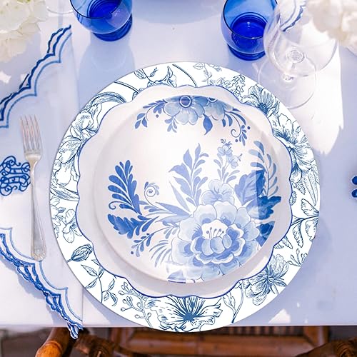 Miniatura 4 de Juego de 6 manteles individuales redondos de plástico chinoiserie de 13.4 pulgadas, lavables, de vinilo, color azul y blanco, para interiores y