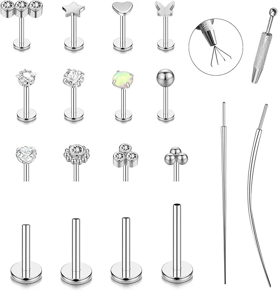 15Pcs 20G/18G/16G Flat Back Push in Stud Earrings 316L Surgical Stainless Threadless nose rings Medusa Piercing Jewelry Hypoallergenic Labret Studs Lip Rings ring for Women Men Be Equipped With Ball Grabber Tool