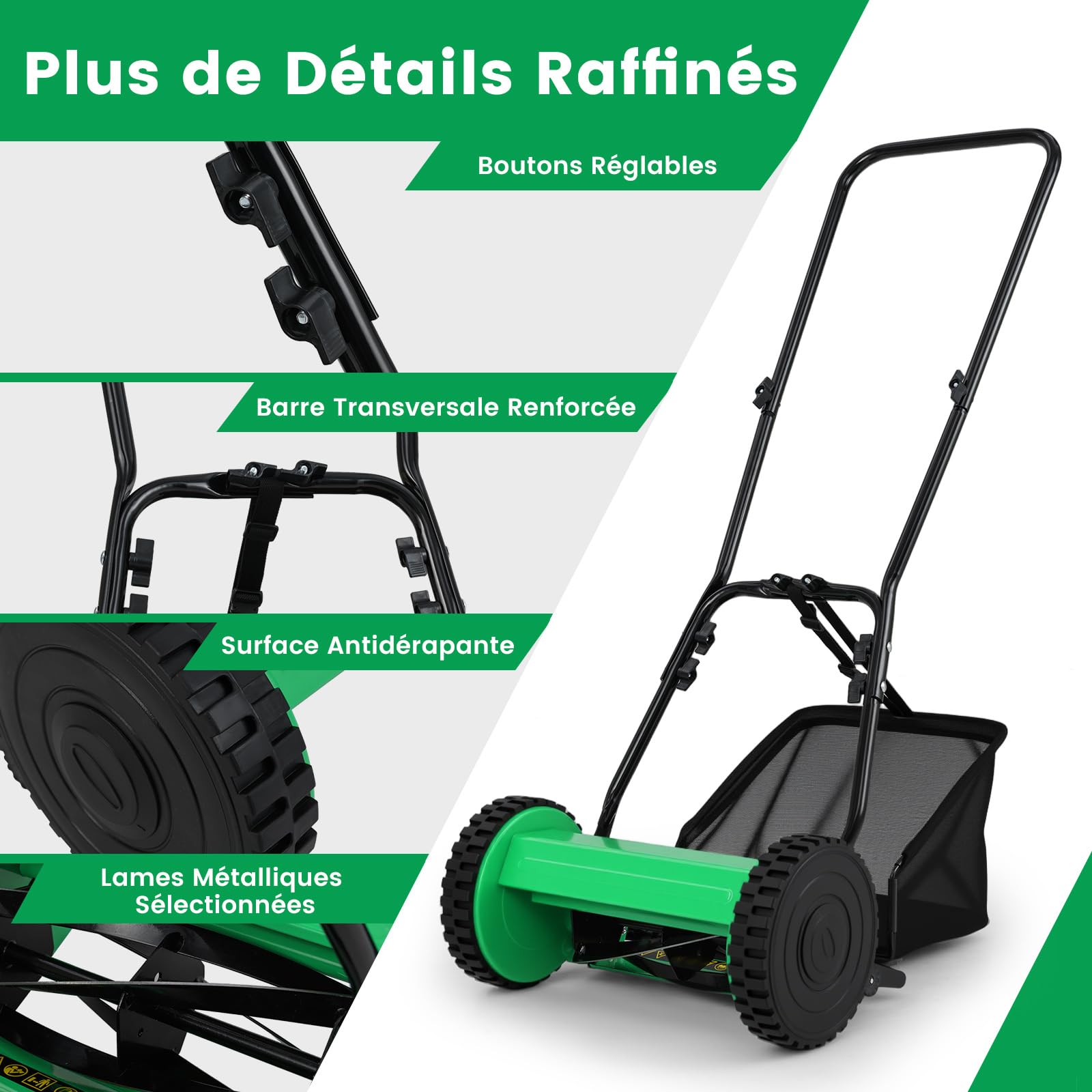 COSTWAY Tondeuse à Gazon Manuelle à Lame avec Largeur de Coupe de 30 cm, Hauteurs de Coupe Réglables de 15 à 40 Mm, Bac de Ramassage de 18,5 L 2 Roues Antidérapantes (Vert)