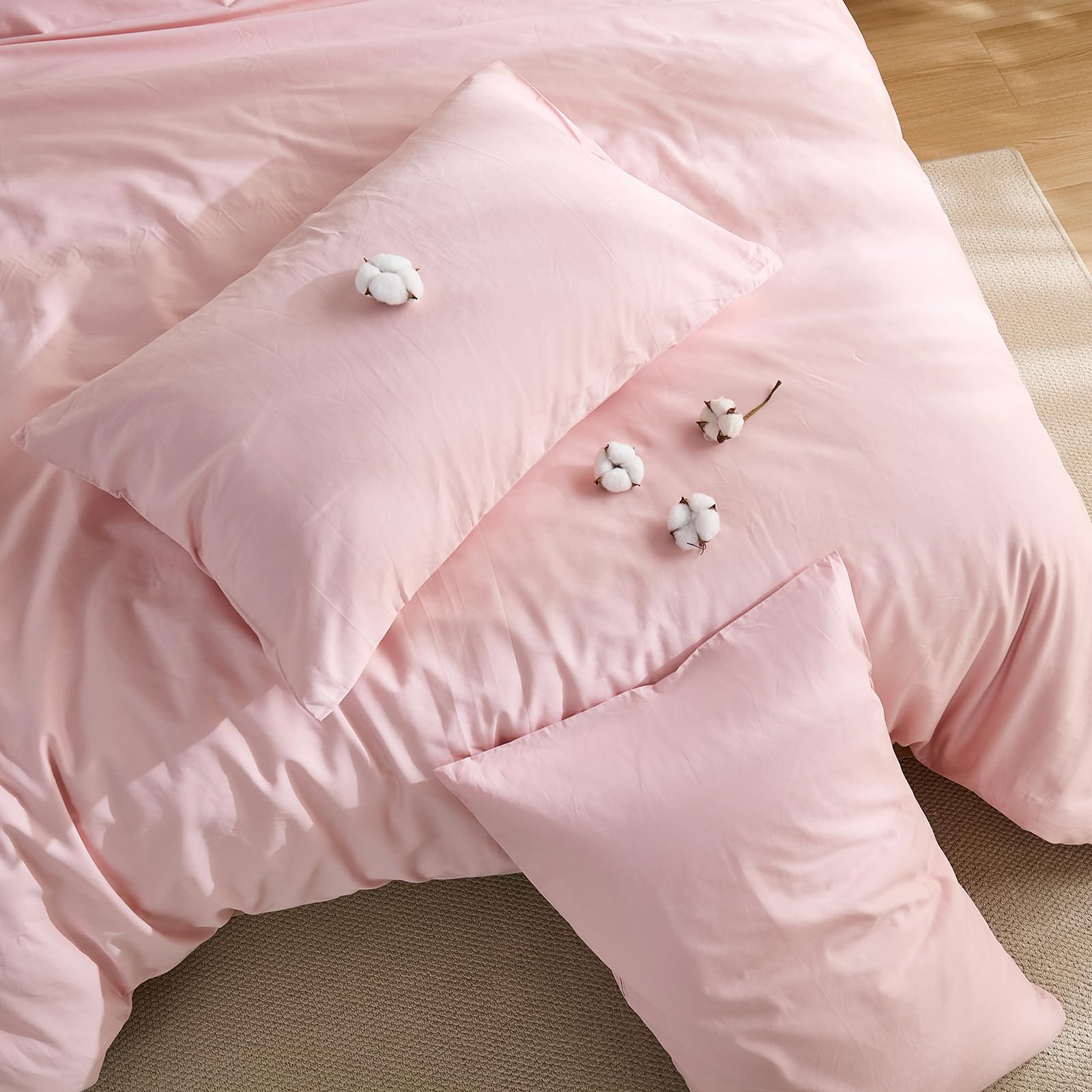 Set copripiumino in 100% cotone, per letto matrimoniale, rosa, consistenza simile al lino, super morbido e traspirante, leggero, 3 pezzi, in percalle resistente, per tutte le stagioni