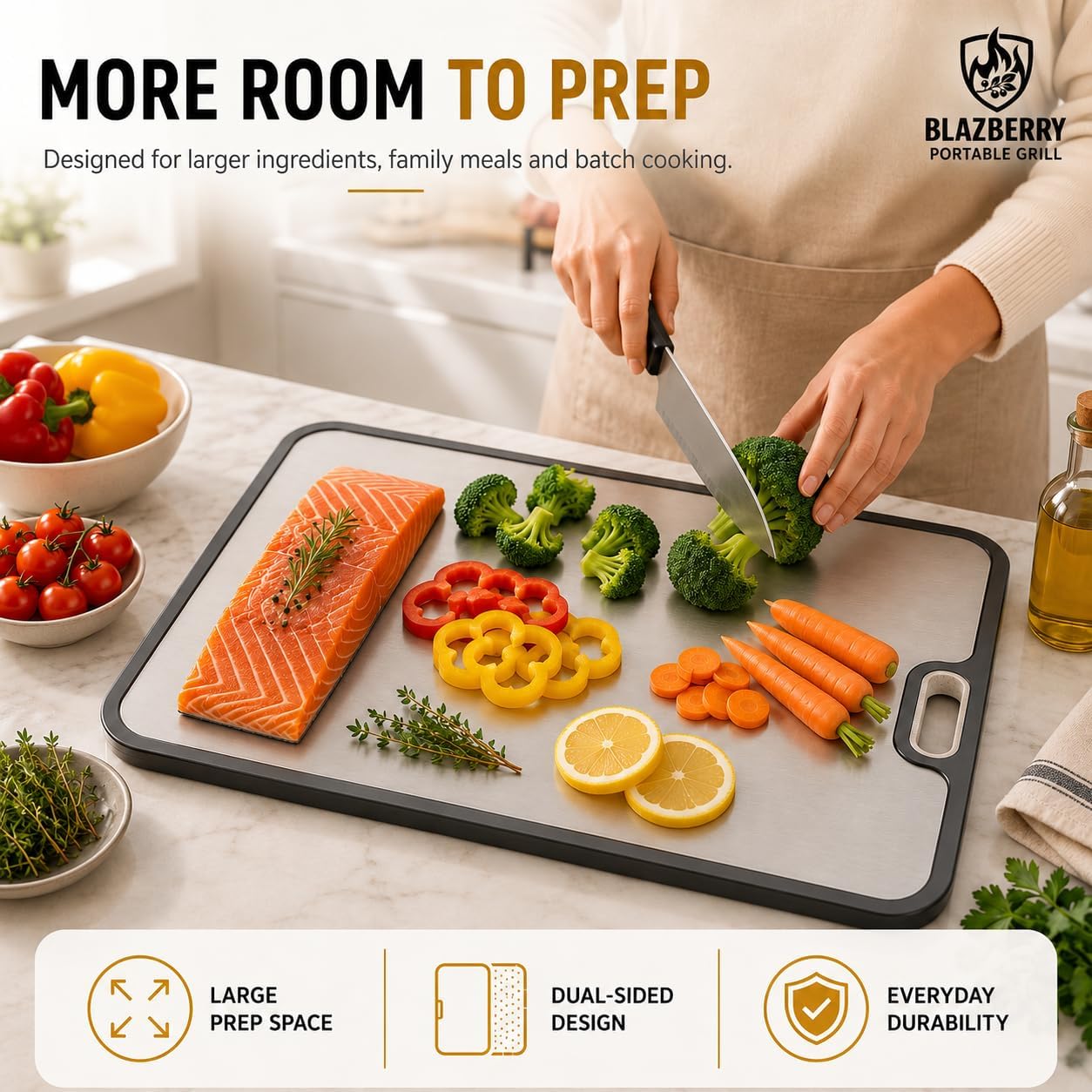 Titanium Cutting Board for Kitchen - Double Sided Metal & Wheat Fiber Chopping Board, Non-Porous, Easy to Clean Food Prep Board for Meat Vegetables Fruit, 15.2 x 10.4 Inch