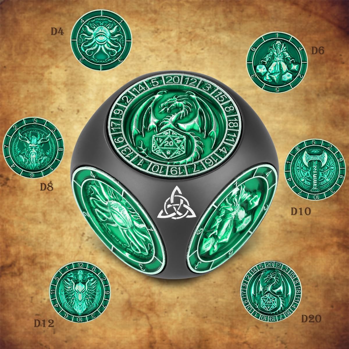 DND Fingertip Spinner Dice, Metal Dice Set with 3D Pattern, Polyhedral Rotating Game Dice, for DND Gifts with Dragon Logo Gift Box, Role Playing Board Game Accessories, Black & Green