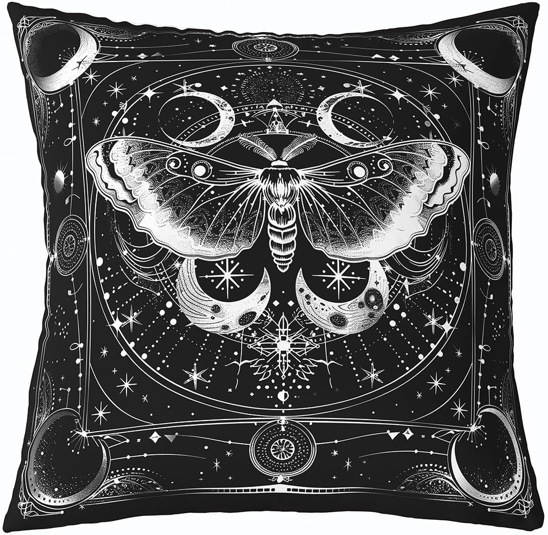 Feelyou Death Moth Pillow Case Cushion Cover Sun and Moon Throw Pillow Covers 24"x24" for Kids Boho Moth Decorative Throw Pillowcase for Sofa Teens Decor Gothic Black and White Cushion Case