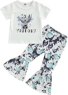 Baby Girl Western Farm Clothes Short Sleeve Cow Print Tee Shirt Flare Pants Set Toddler Girls Outfit Spring Summer
