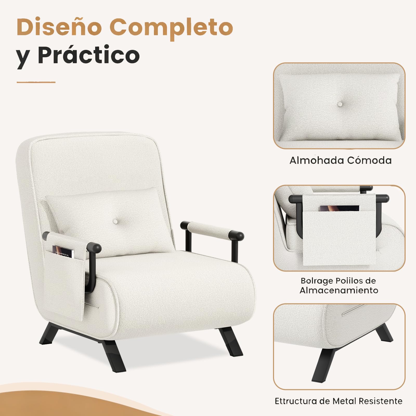 YOUDENOVA Sofá Cama, Sillón con Función Cama, Sofá con Respaldo Regulable, Sofá Cama con Bolsa Colgante, Sofá Plegable, Cama de Invitados, Chenilla, 184 x 60 cm, Beige