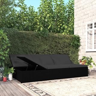 Convertible Sun Bed with Cushions Poly Rattan Black (Weight:82.01 lbs)