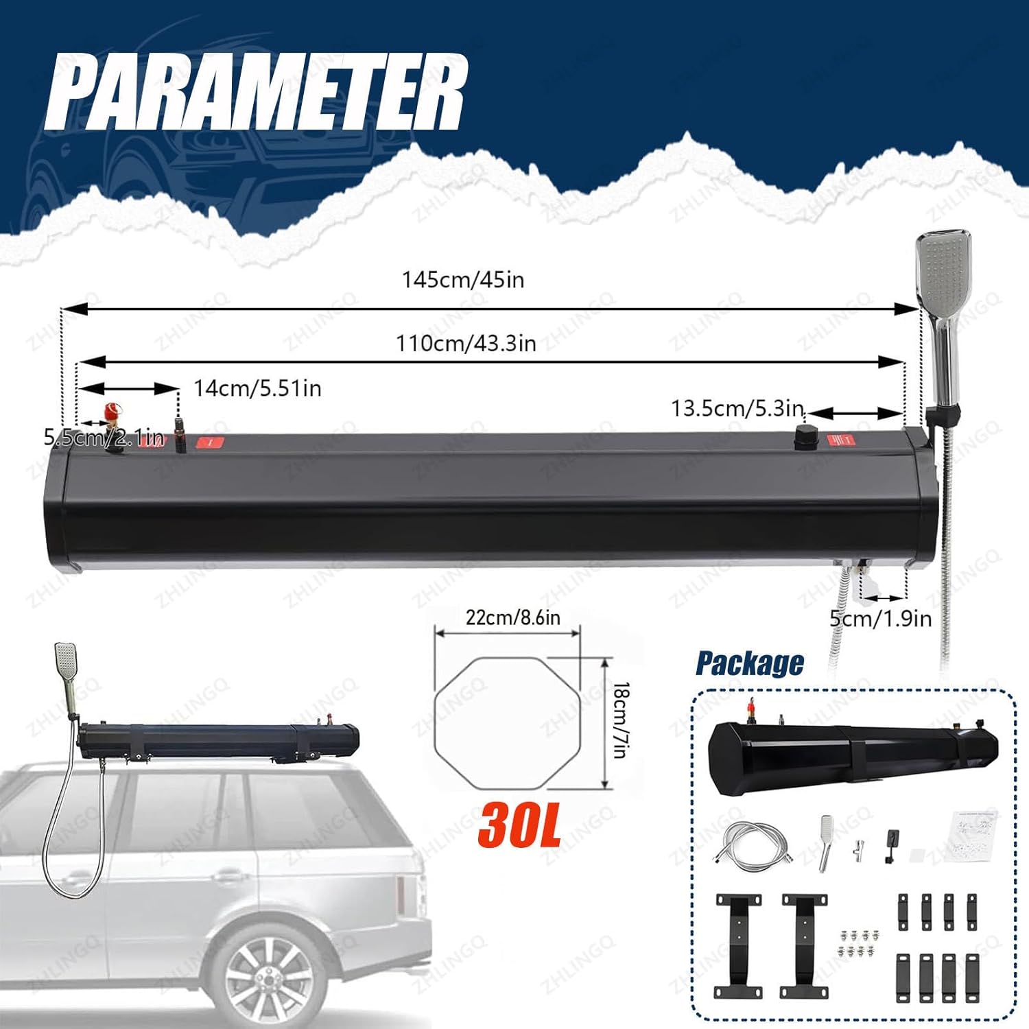 4.8/5.3/7.9 Gallon Portable Water Tank with Hose, Roof Rack Mount Road Shower Pressurized Water Tank w/Storage Bag and Shower Head, Outdoor Water Supply for SUVs Sedans RVs Trucks 30L/7.9Gallon