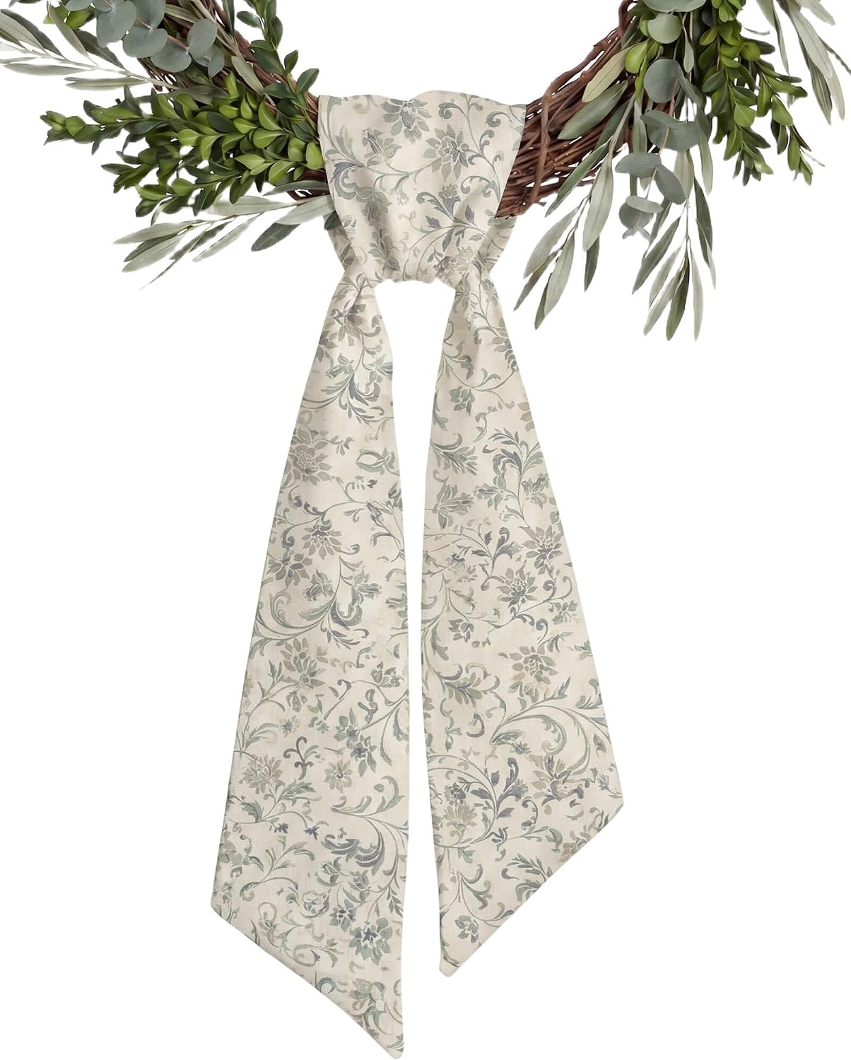 Sage Green Floral Wreath Sash for Front Door, Chinoiserie Scroll Ribbon Garland for Spring Easter Summer Holiday, 55 Inch Cream Ivory Ribbon Bow Indoor Outdoor Decor