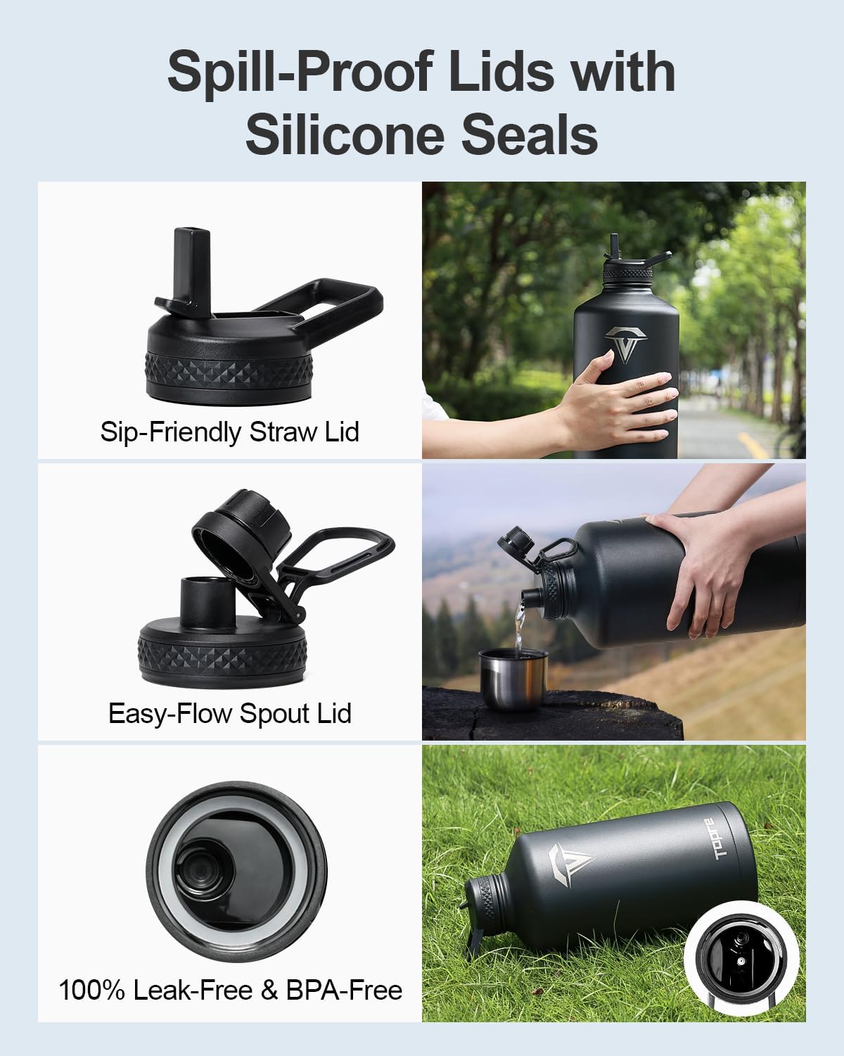 One Gallon Water Bottle,128oz Insulated Water Flask Stainless Steel Vacuum, Cold for 48 Hrs,BPA-Free & Leakproof -with Paracord Handle,Strap,Straw Spout Lids,Large Jug for Gym Sports,Black - Image 3