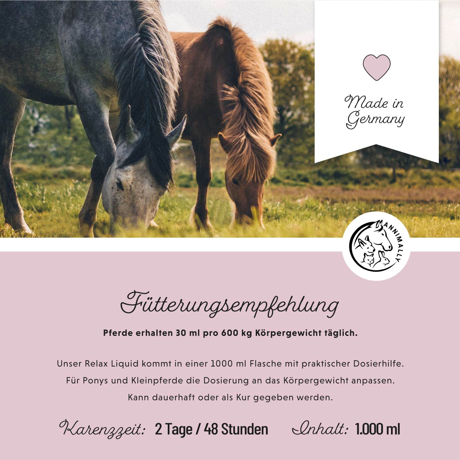 Annimally Relax Liquid für Pferde 1000ml Nervensaft zur Beruhigung beim Pferd mit Baldrian, Hopfen, Tryptophan, B12, Magnesium & Calcium flüssig - Gegen Angst, Stress & für Transport