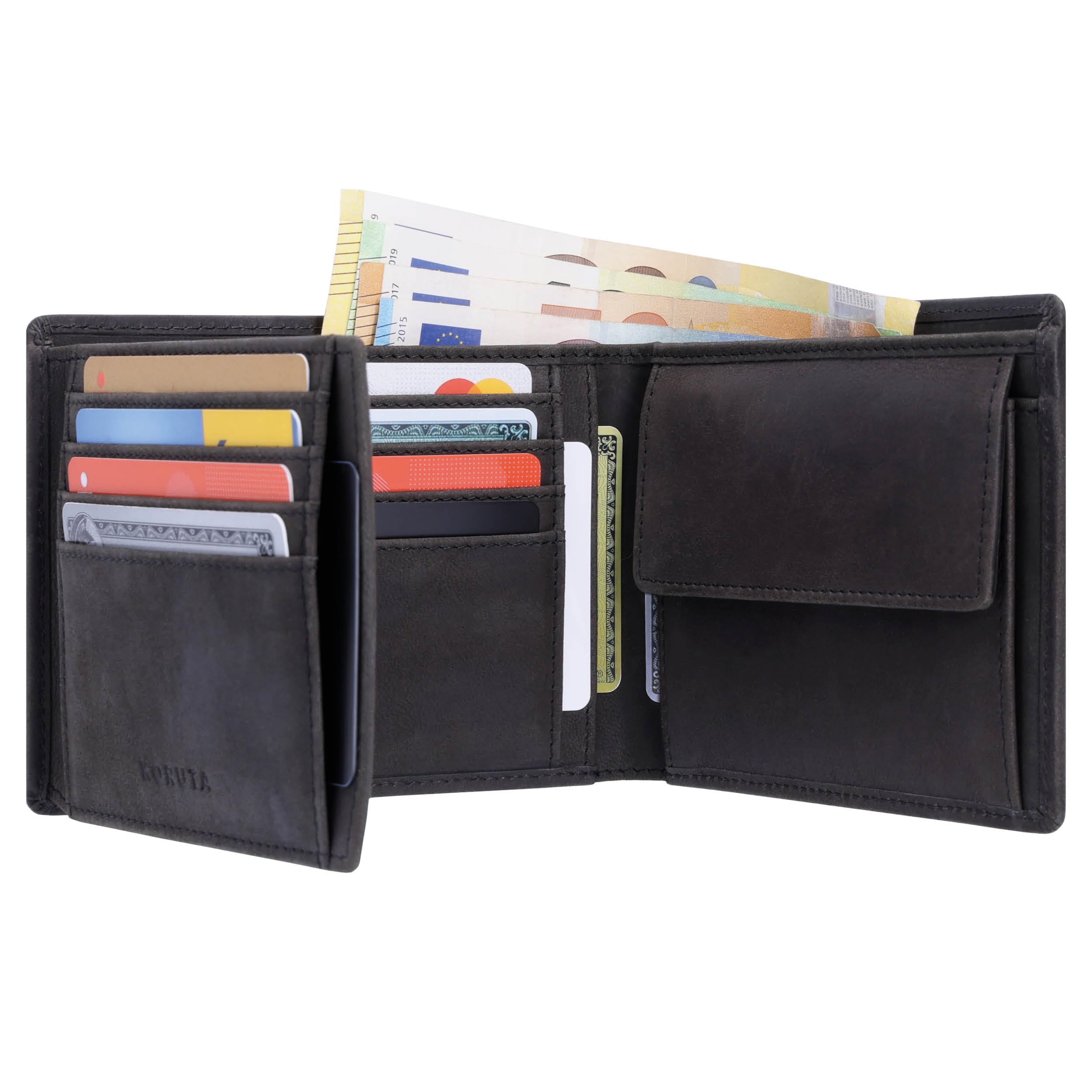 KORUTA Geldbörse Herren Leder Braun RFID Schutz Echtleder Portemonnaie Groß 13 Fächer Geldbeutel für Männer Brieftasche Wallet Schwarz