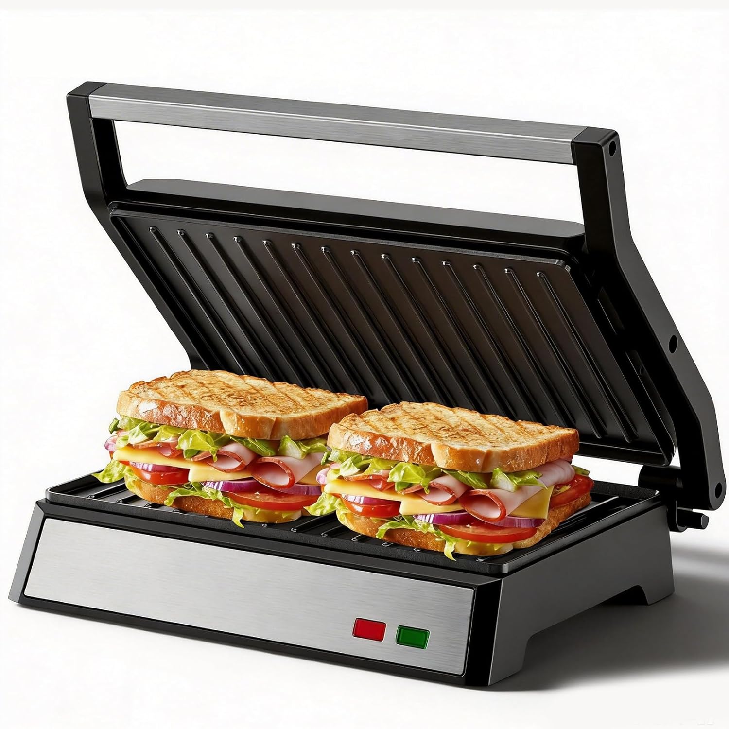 Panini Press Grill, 1200W Sandwich Maker with Non-Stick Plates, Standard 2-Slice Sandwich Press Electric Indoor Grill, Opens 180° to Fit Any Size of Food, Removable Drip Tray, Stainless Steel, Sliver