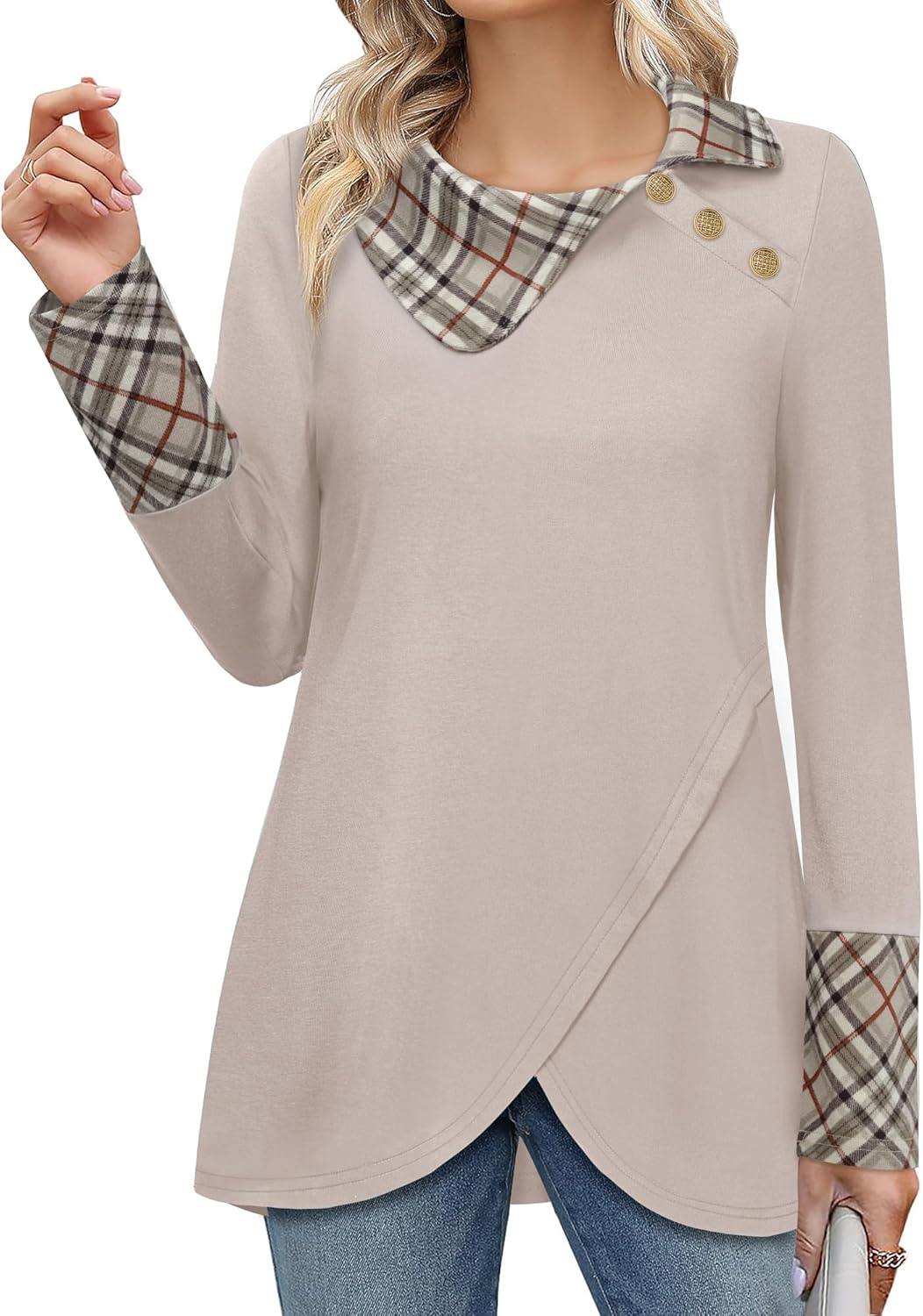 Bebonnie Women's Long Sleeve Lapel Neck Lightweight Sweatshirt Pullover Tunic Tops with Buttons