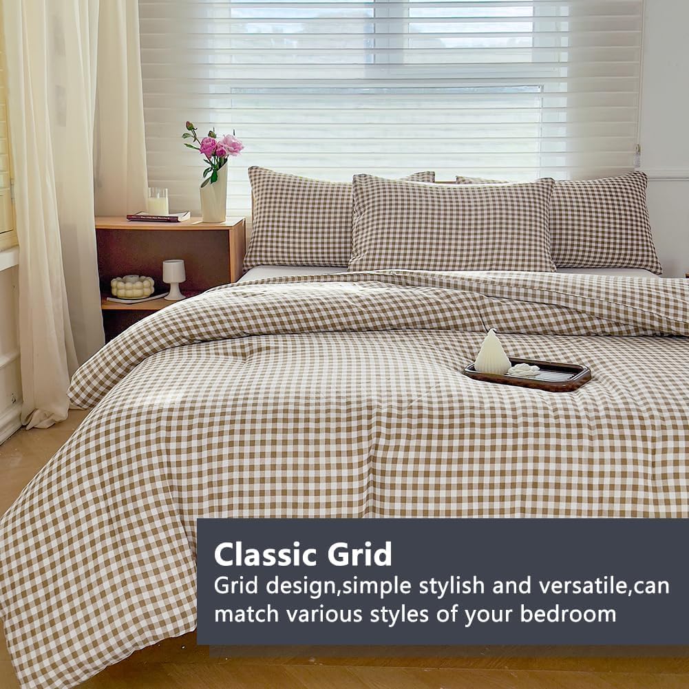 NSNLGSGC Comforter Set King Size, Tan Gingham Bedding Comforter Sets, Brown Grid Bed Comforter 3 Pieces (1 Comforter, 2 Pillowcases)