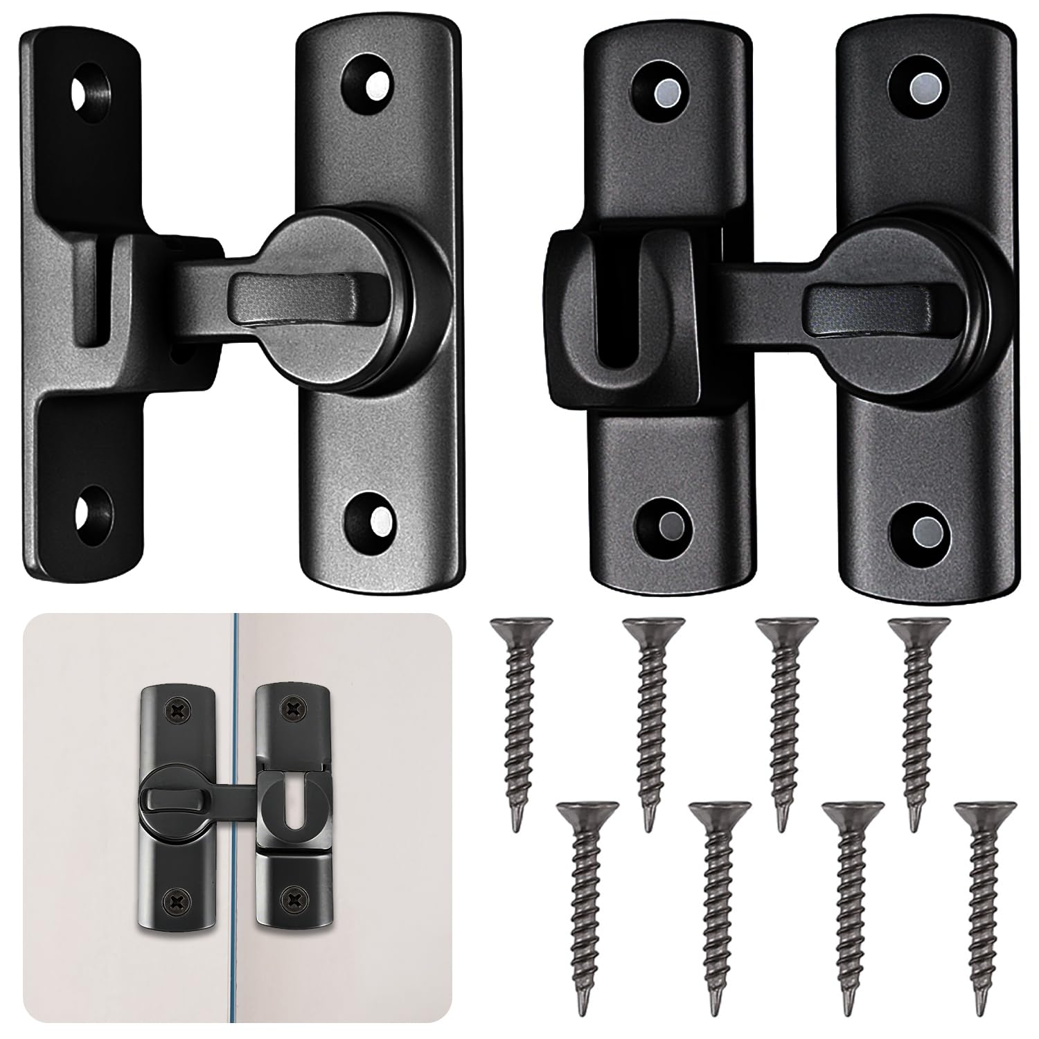 2 Pcs Black Sliding Door Latch Made of Aluminum Alloy, Secure Bathroom Lock and Privacy Latch for Bedroom, Window, Barn Door