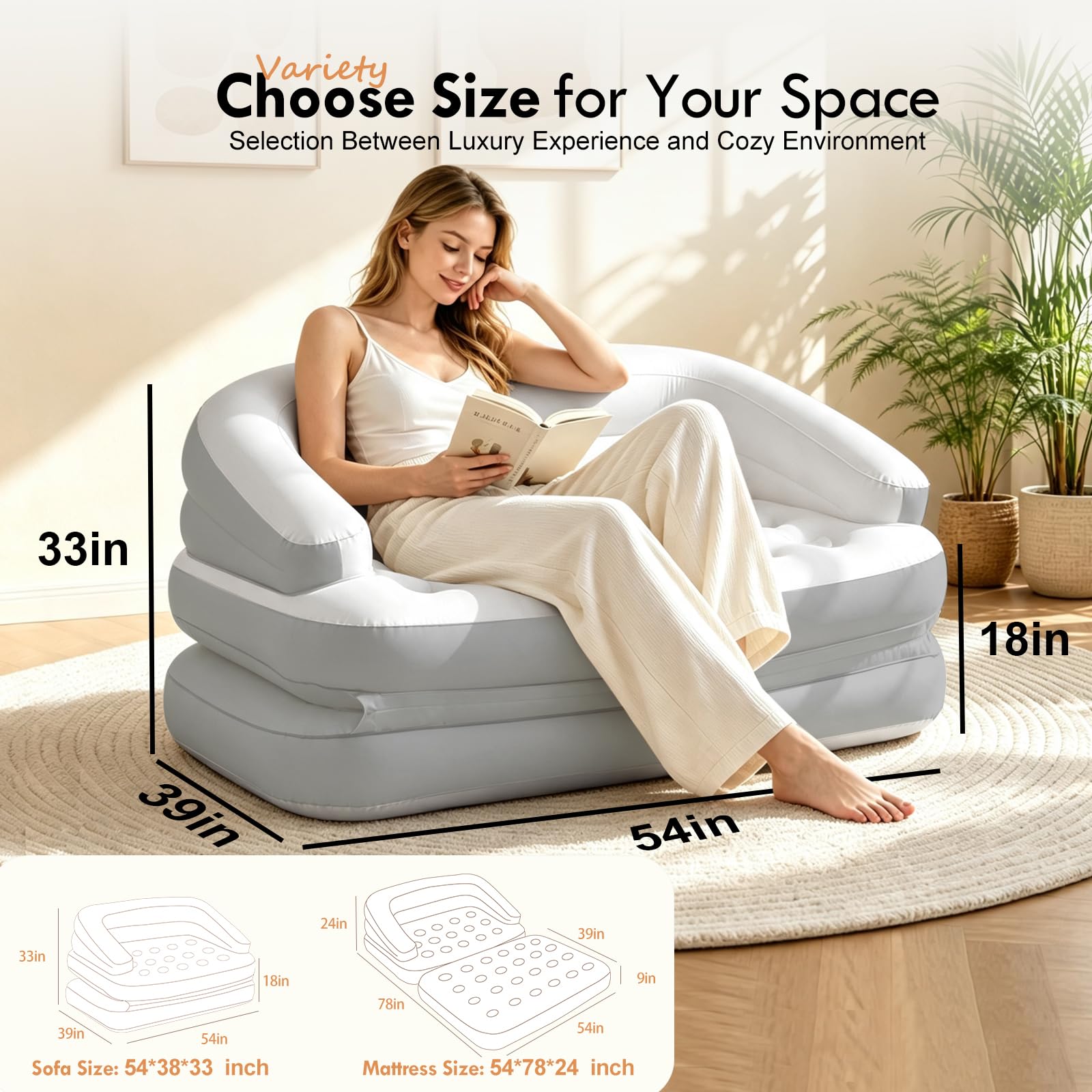 DIMAR Garden Sofá Inflable Flocado, colchón Inflable, sofá Cama de Aire al Aire Libre para Camping, tamaño matrimonial