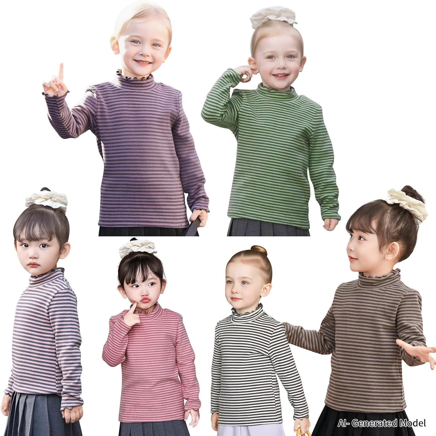 Striped Long-Sleeved T-Shirt for Toddler, Ruffle high-Neck T-Shirt for Girls