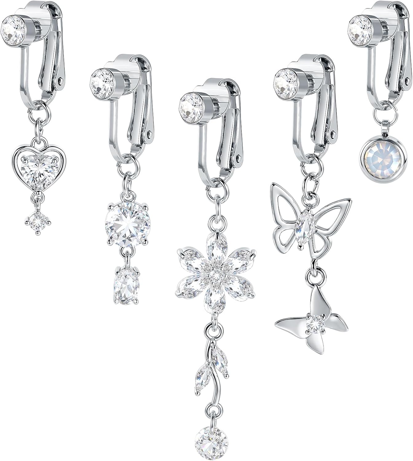 Xpircn 5PCS Fake Belly Button Piercing for Women Clip on Belly Button Rings Heart Butterfly Flower Bow Fake Cubic Zirconia Fake Belly Piercing Dangle Dangle Gold Fake Belly Ring