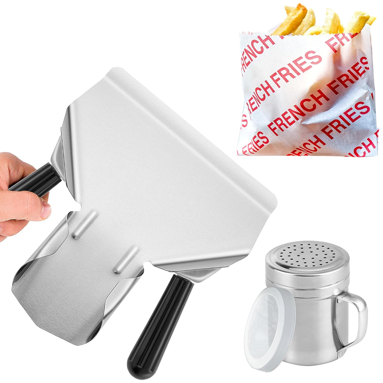 Double Handle Concession Popcorn Scoop + 10 oz Dredge + [200-pcs] Small French Fry Bags 3.5" x 4.5" Bundle