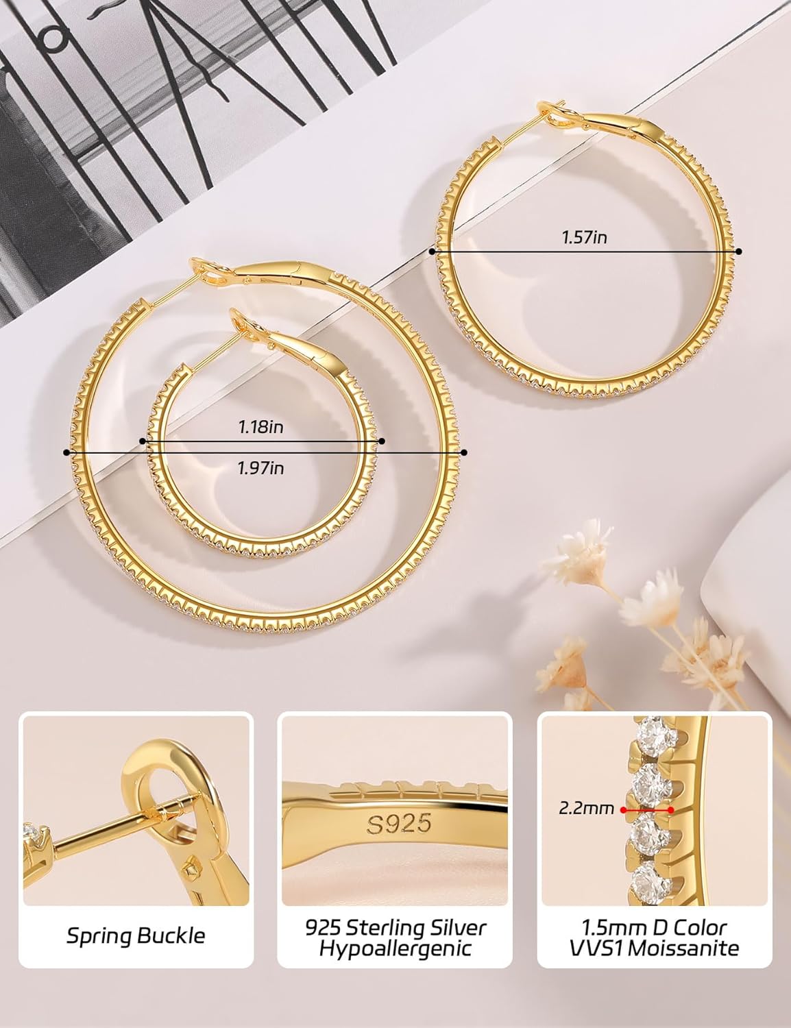 Ladylike Moissanite Hoop Earrings, 1.17-2.19cttw D Color VVS1, 925 Sterling Silver Large Huggie Hoop Earrings for Women, Hypoallergenic Lightweight Wedding Ear Jewelry, 30mm 40mm 50mm - Image 3