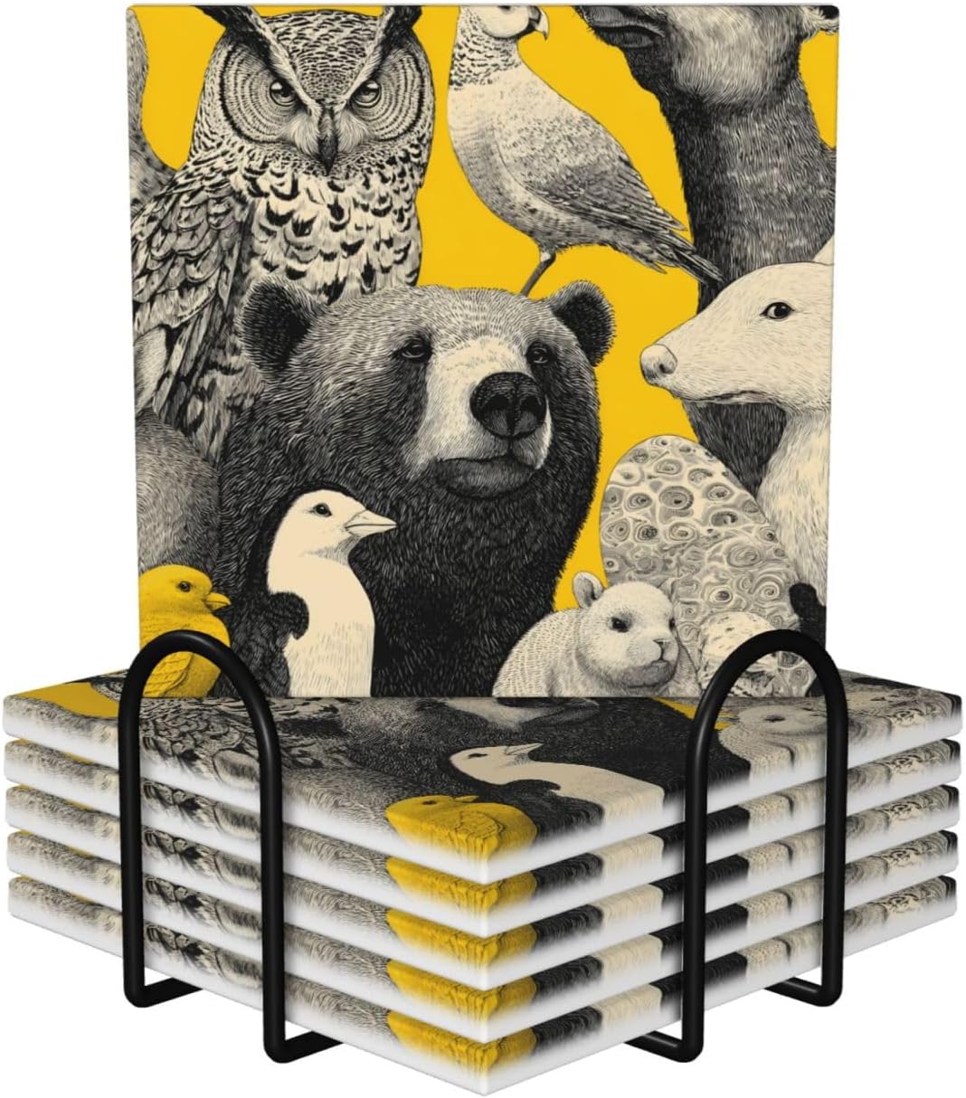 (Many Animals) Ceramic Coasters Set of 6 with Holder Non-Slip Square Coffee Coasters for for Cup Mug Drink Patio Coffee Table Decor, Christmas Coasters Home Bar Supplies
