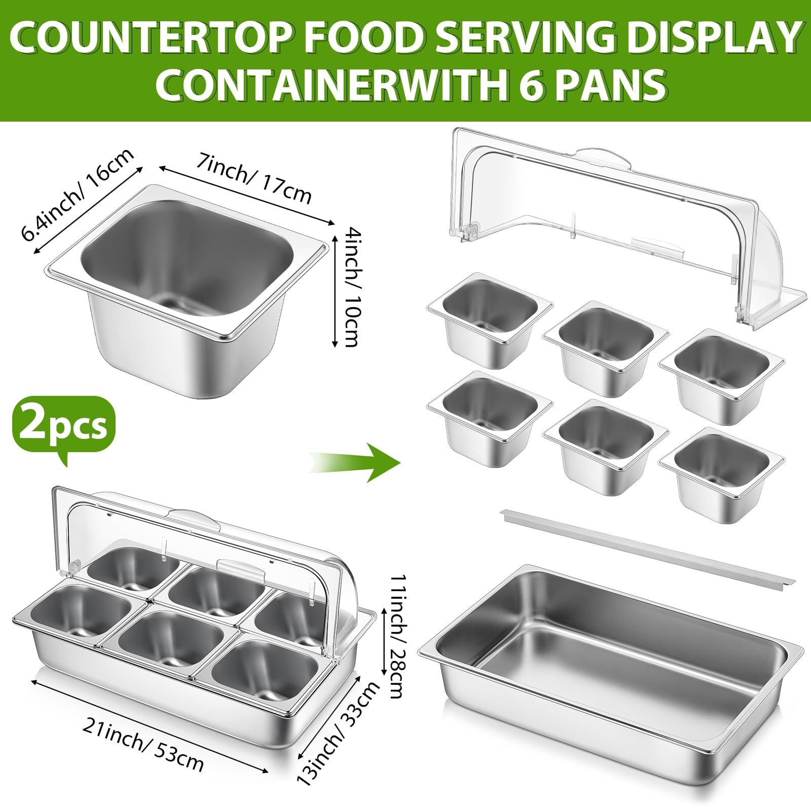 Expositor de acero inoxidable para servir buffet de 6 sartenes con cubierta superior enrollable transparente de 21 x 13 x 11 pulgadas, dispensador de condimentos y estante de alimentos refrigerado por