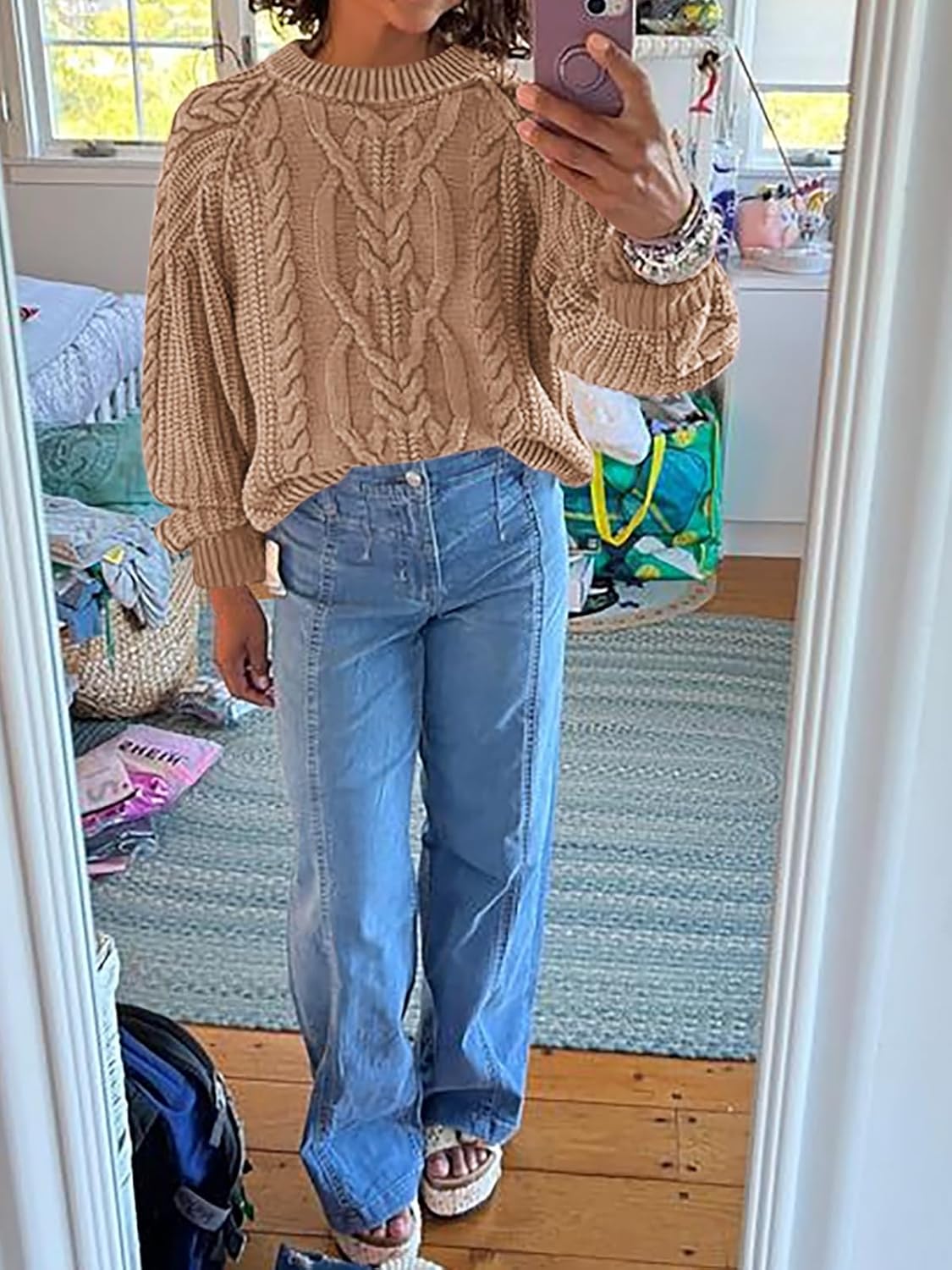 Cicy Bell Womens Oversized Cable Knit Sweaters Crew Neck Long Sleeve Fall Chunky Pullover Casual Loose Fit Sweater Tops - Image 5