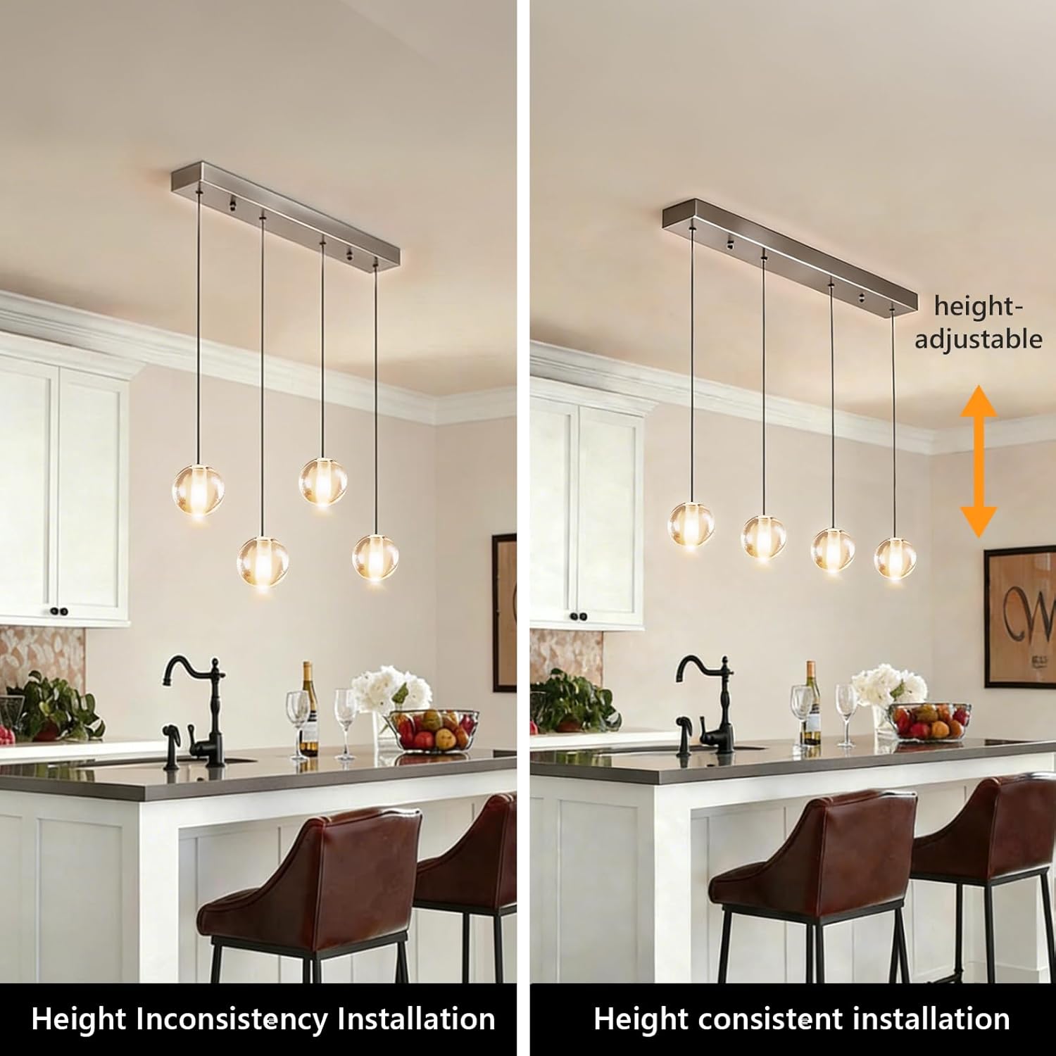 Brushed Nickel 4 Lights Rectangular Chandeliers, Bubble Light Fixture, Modern Crystal Globe Hanging Kitchen Pendant Lights Over Sink for Dining Room Kitchen Island Hallway Bedroom
