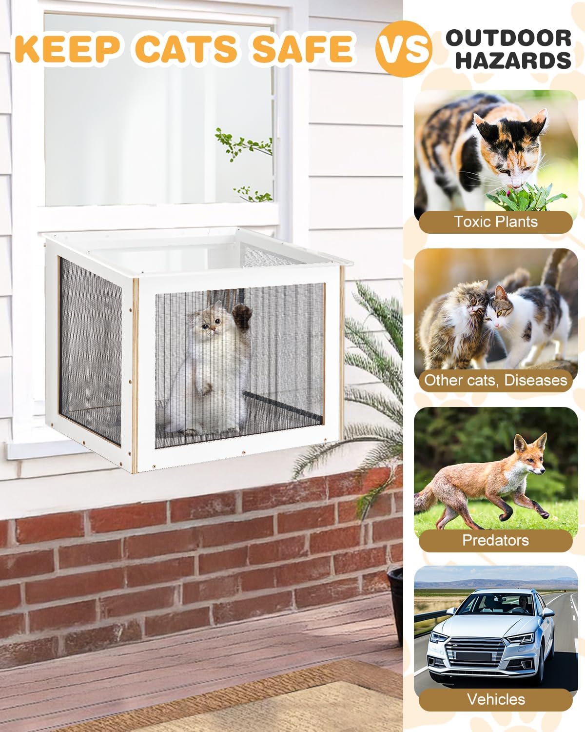 Cat Window Box, Wooden Outdoor Catio Window Enclosure with Clear Acrylic Roof & Bug-Proof Mesh, Universal Cat Window Perch with PVC Curtain for Sunbathing & Napping, Fits Vertical Windows 25"–43" W