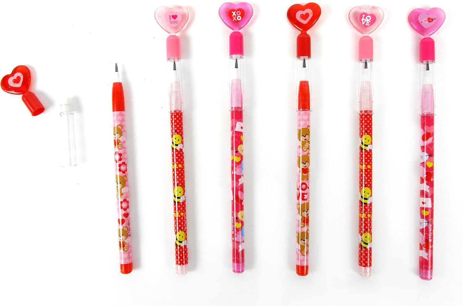 TINYMILLS Valentine’s Day Heart Multi-Point Pencils 24 Pack – Cute Stackable Valentine Pencils for Classroom Exchange, Party Favors, Goody Bag Stuffers & Valentine Party Supplies