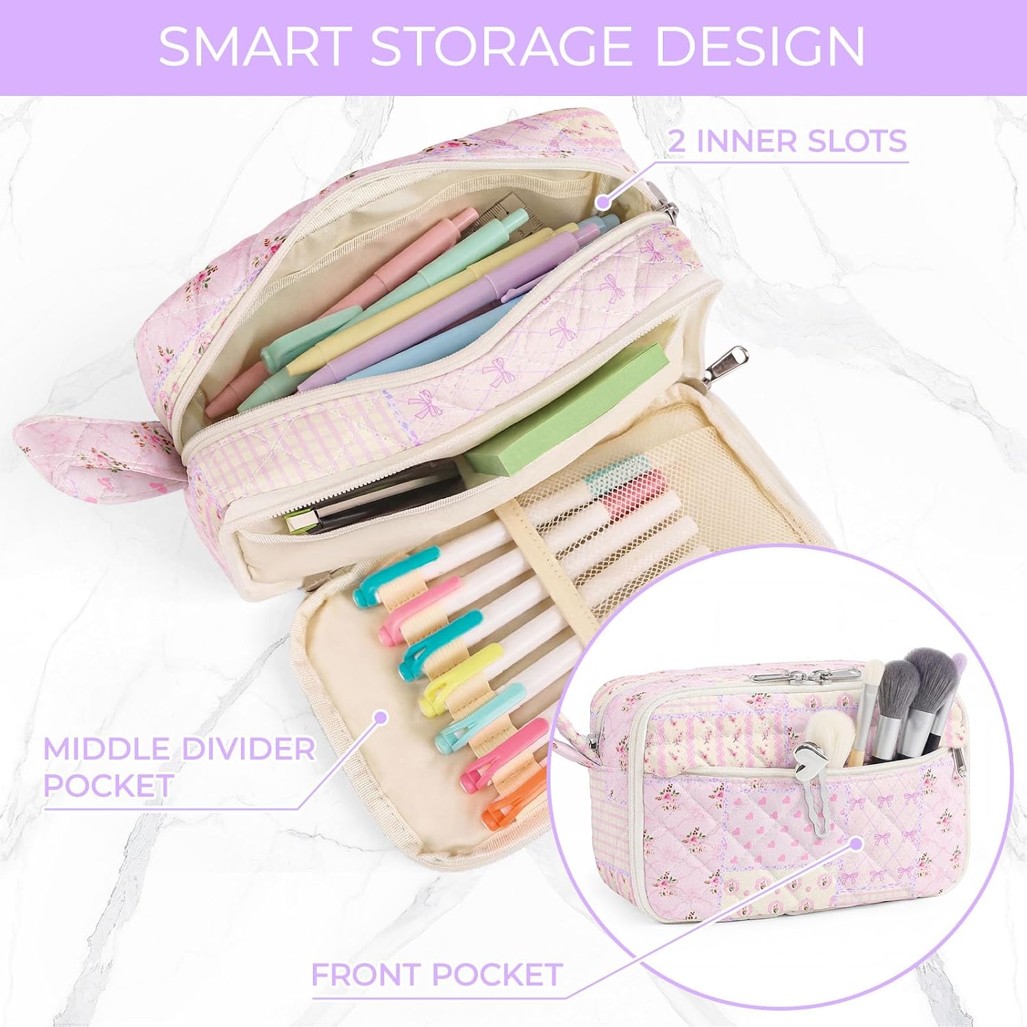 WOBAGMEN Quilted Pencil Pouch for Girls Women, Large Pencil Case Pouch with Compartments Cute Aesthetic Pencil Case Organizer, Floral Pencil Bag for School Supplies (pink pin)