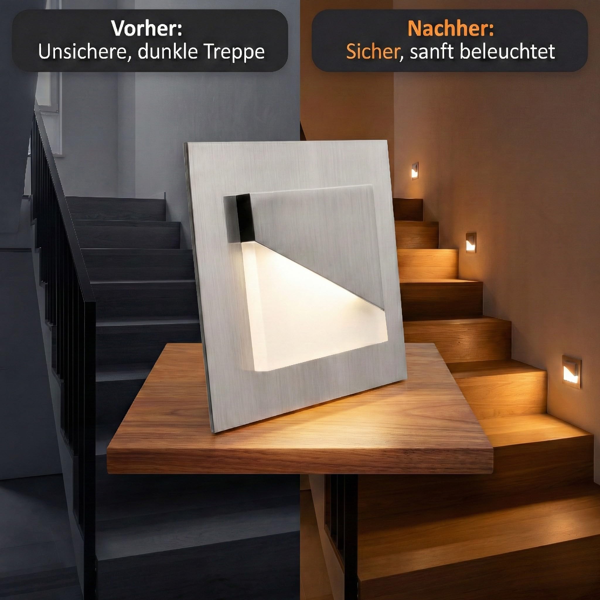 Maxkomfort LED Treppenbeleuchtung 230V Warmweiß 1,5W Eckig Eisen-Gebürstet Treppenleuchte Wand Einbauleuchte Treppenlicht Flurleuchte Nachtlicht 80x80mm 6105