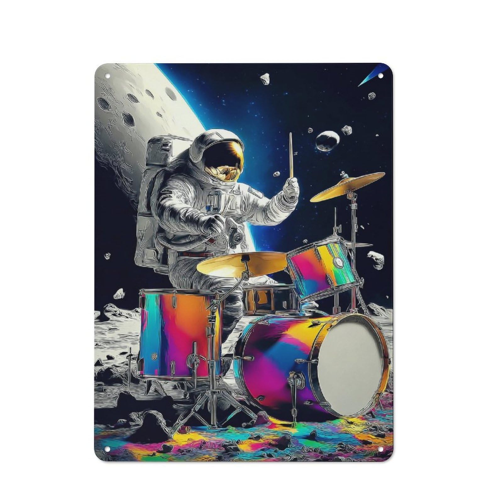 Astronaut Drummer on The Moon Old Style Metal Wall Decor 40x30cm, Decorative Tin Plaque for Cafe, Pub, Workshop Or Home Bar
