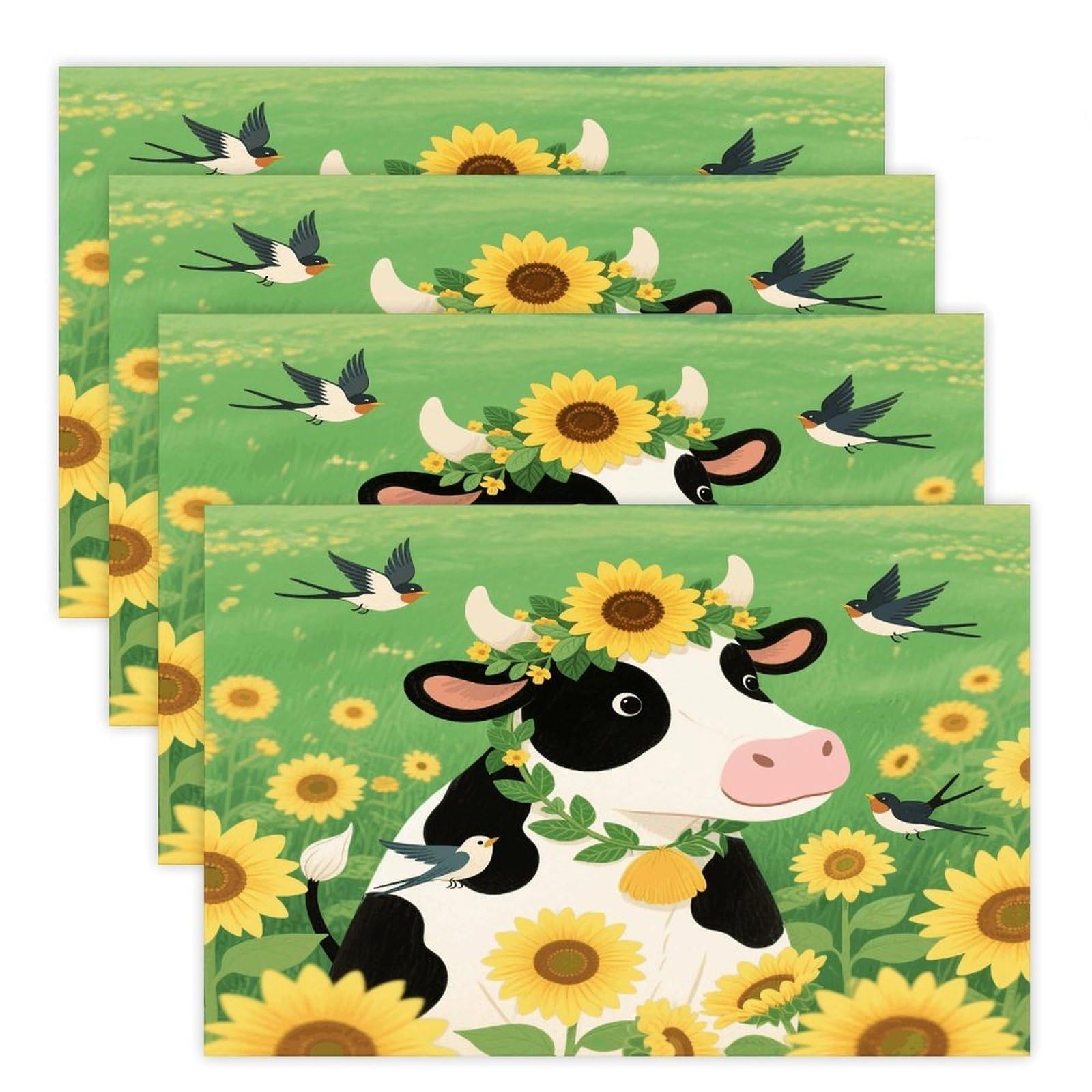 Sunflower Cow Placemats Heat Resistant Non-Slip Place Mats Washable Wipeable Table Mat Kitchen Dining Table Decoration Placemats Indoor Outdoor Place Mats 17.7’’×11.8’’