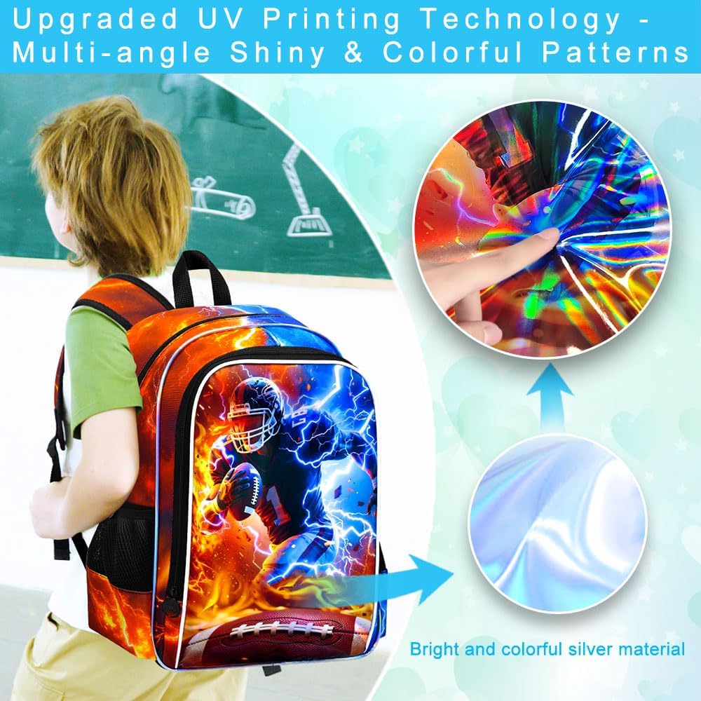 gxtvo 3PCS Rugby School Backpack for Boys, 17" Kids Bookbag with Lunch Box, Water Resistant Middle Elementary - Fire & Lightning Rugby Player - Image 6